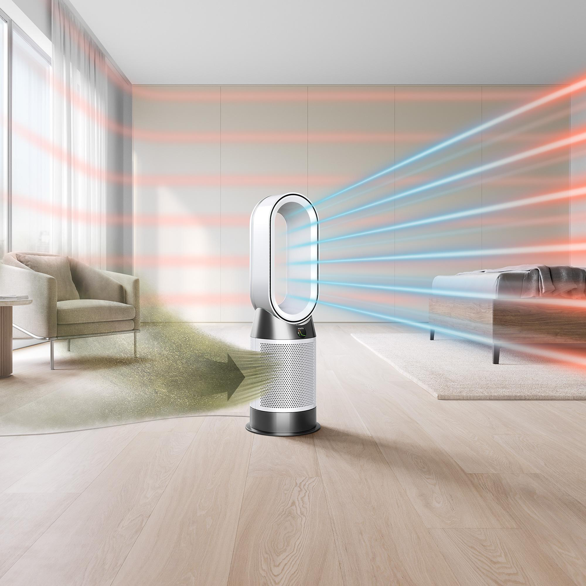 Ein weißer Dyson-Luftreiniger mit roten und blauen Luftströmen in einem Raum.