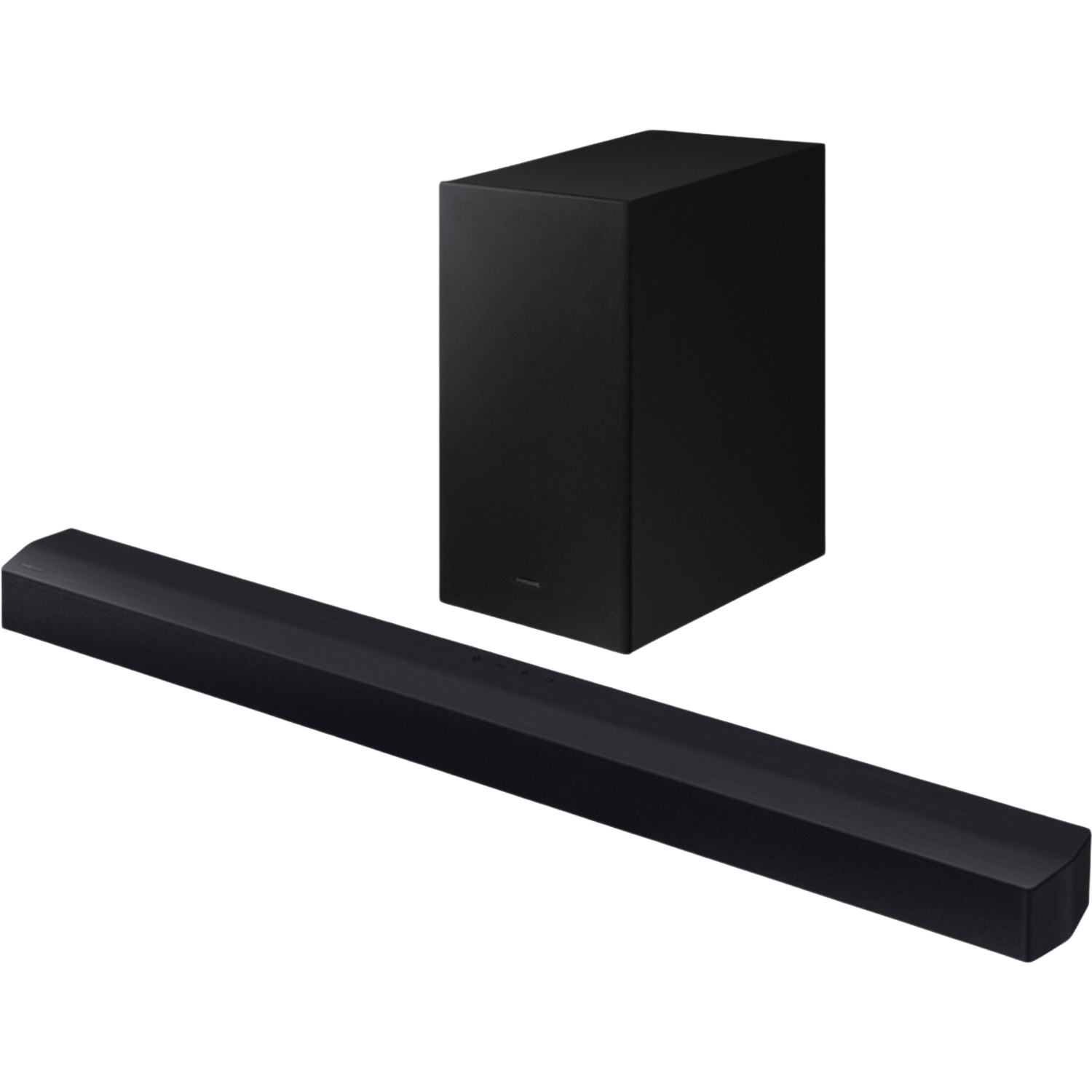 Barre de son et caisson de basses noirs sur fond noir. Design simple et moderne.
