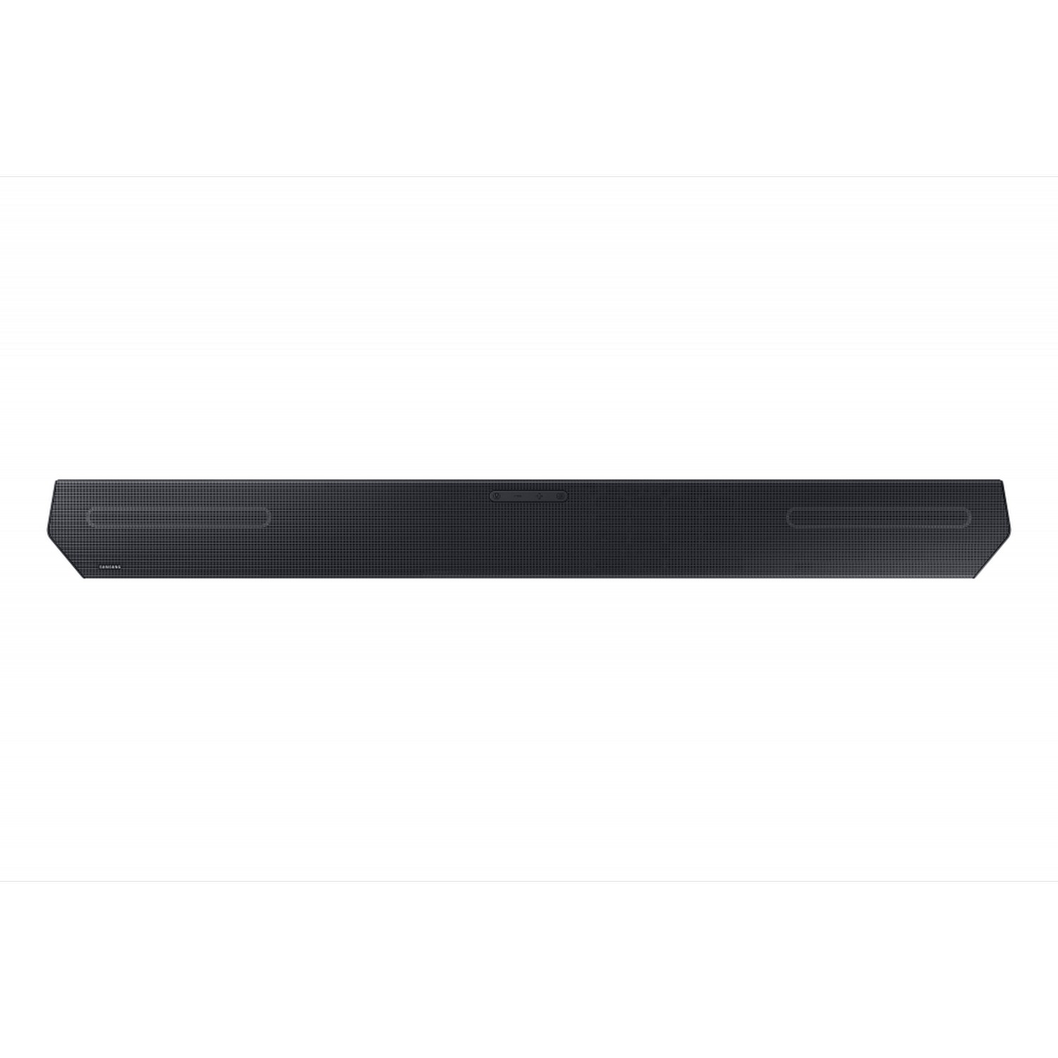 Barre de son noire sur fond blanc. Elle est rectangulaire et possède de nombreux petits trous.