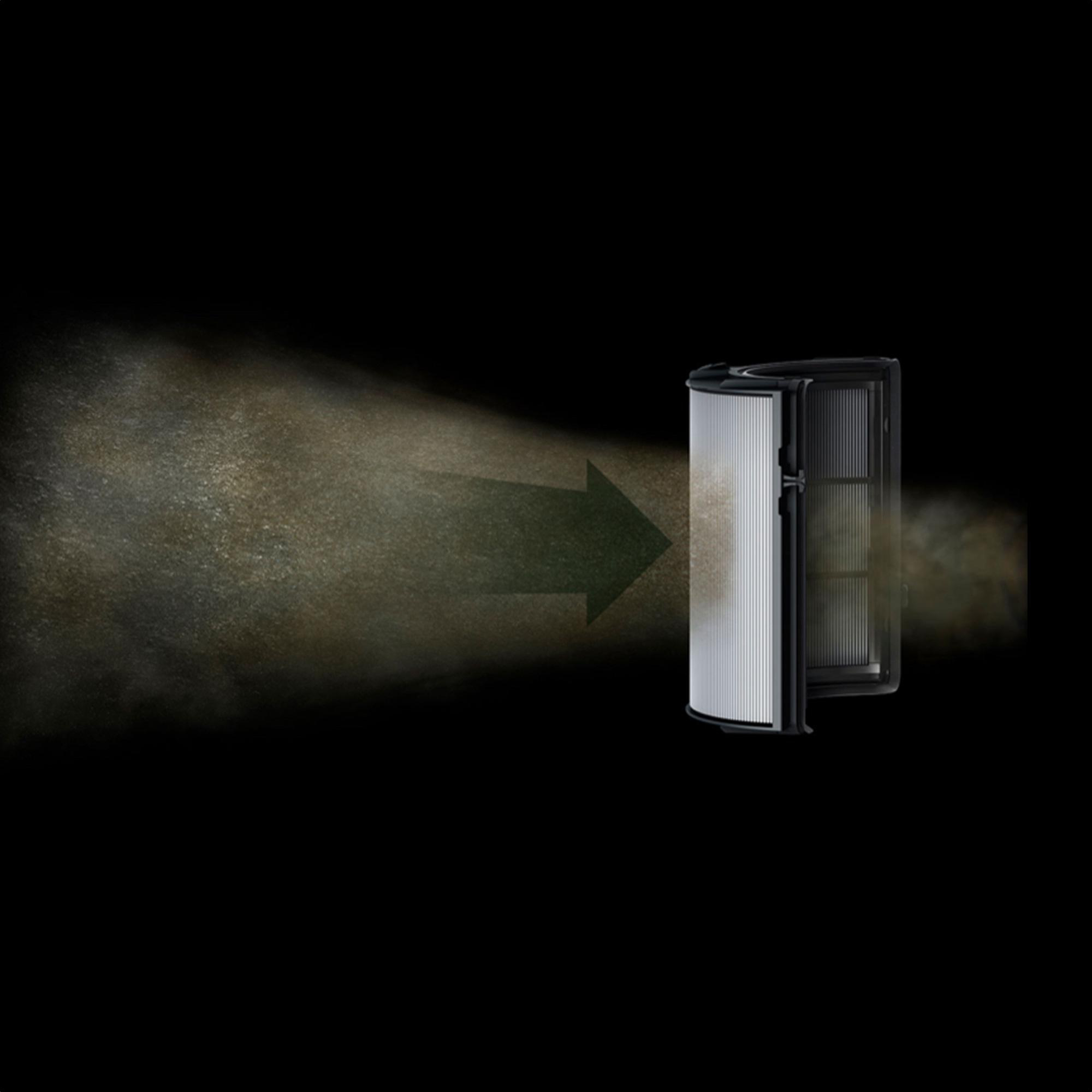 Ein Luftfilter, mit Pfeil, der Luftstrom anzeigt, entfernt Staub aus der Luft.