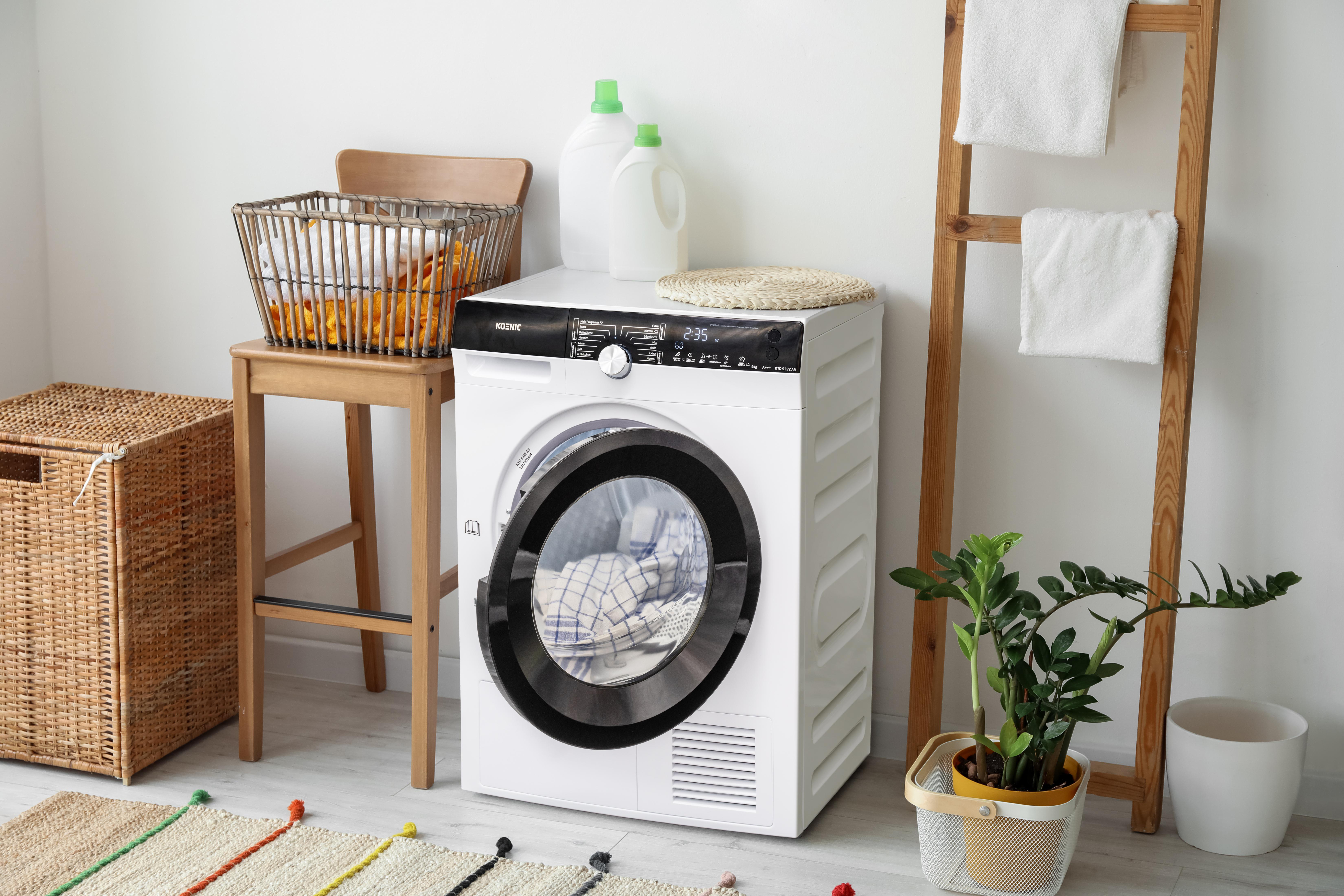 Ein weißer Trockner mit offener Tür in einem Zimmer mit Dekoration.