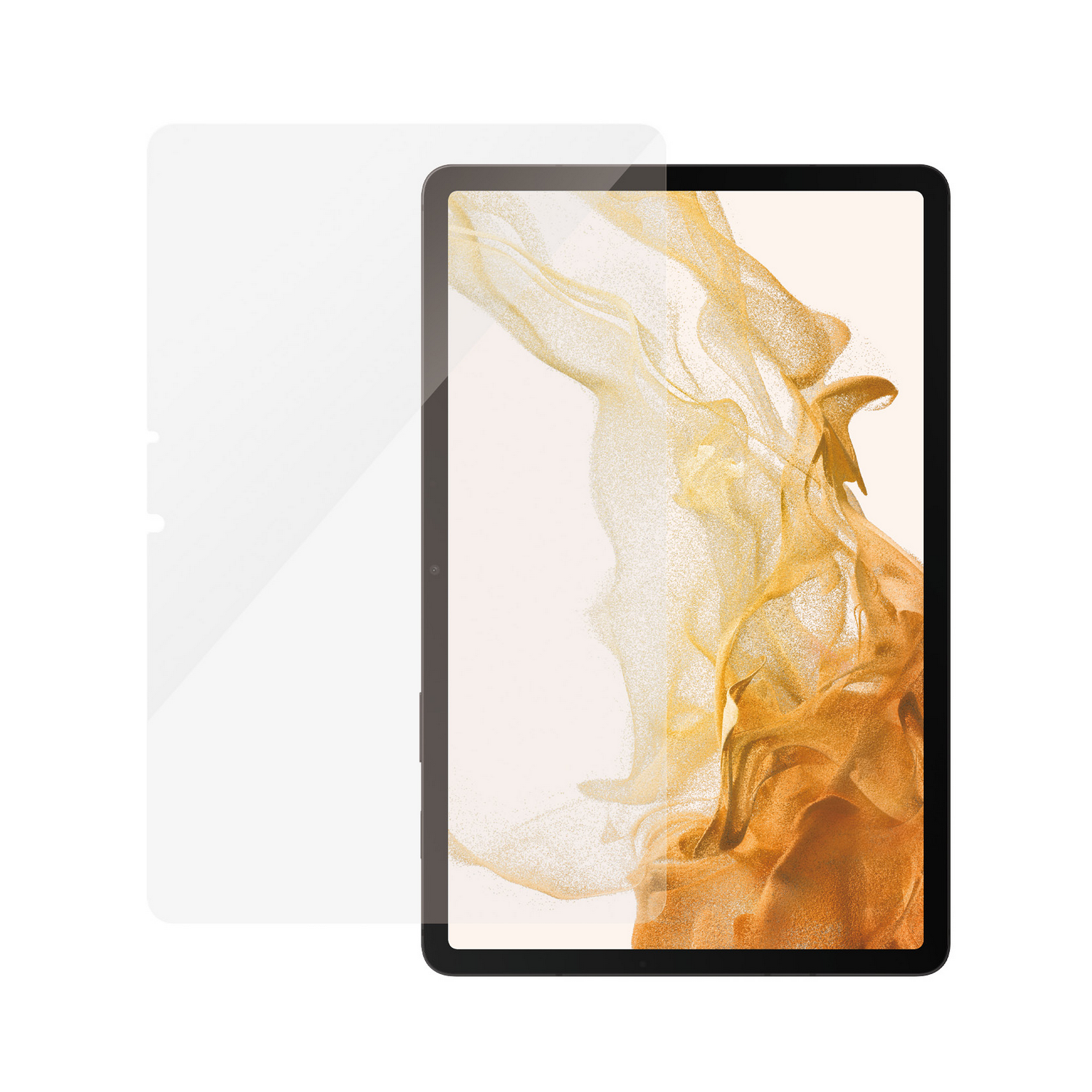 A tablet with a screen protector. The screen shows a golden abstract design.