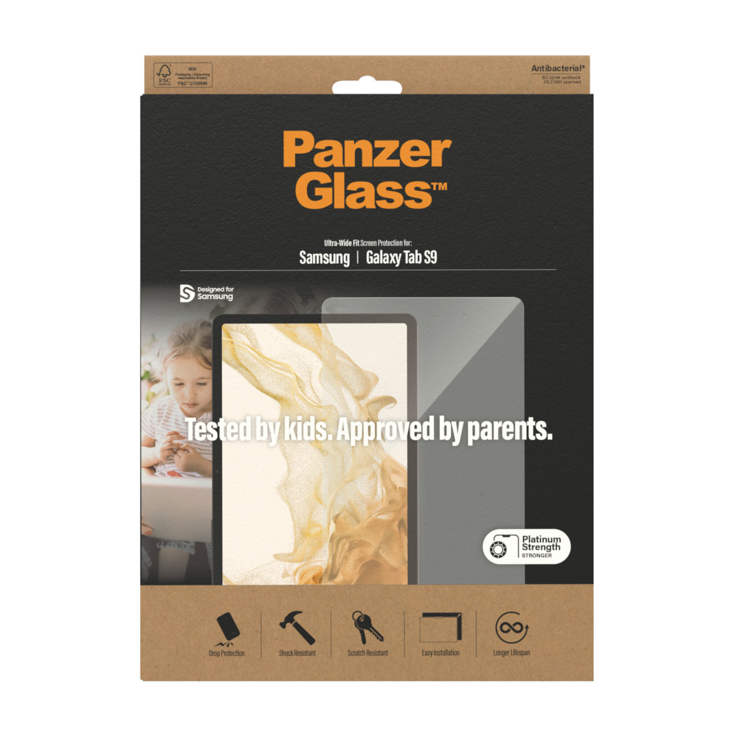 PanzerGlass screen protector packaging. Includes a picture of a child and the product's features.