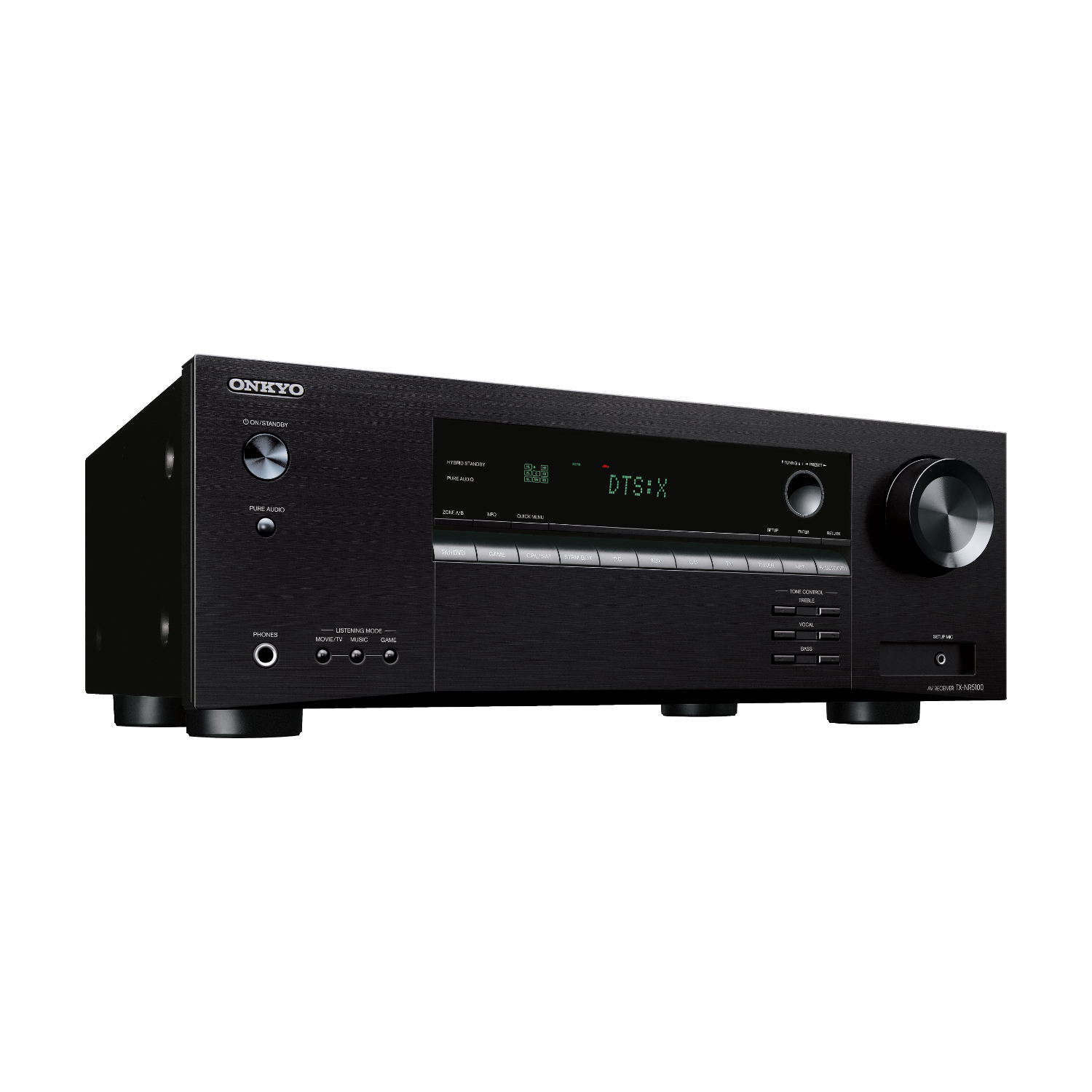 A black Onkyo receiver with a display and various buttons and dials on a white background.