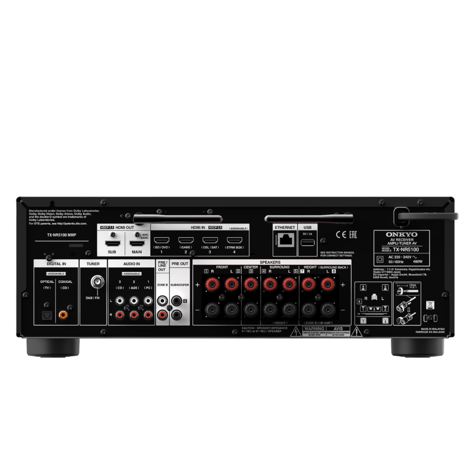 Rear panel of Onkyo receiver. It has various input and output ports. Text labels are present.