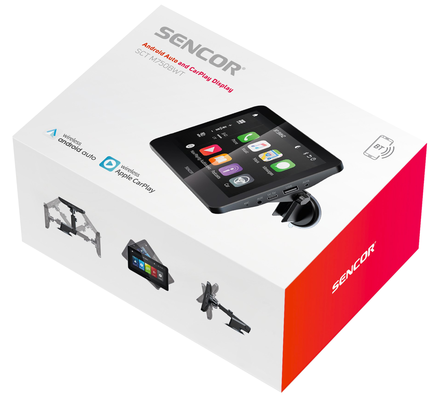 Fehér és piros doboz autó kijelzővel, vezeték nélküli Android Auto és CarPlay funkcióval.
