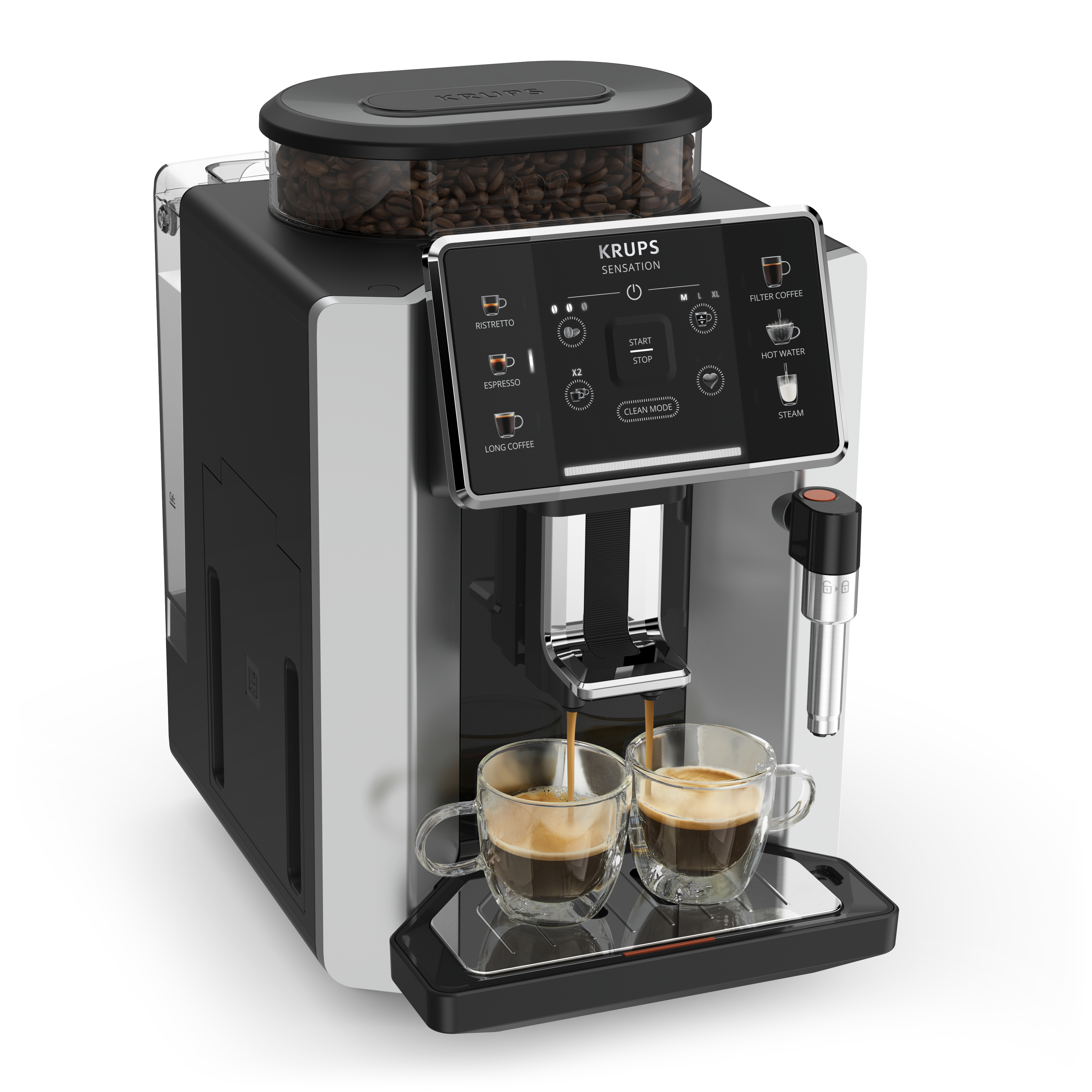 Eine schwarze und silberne Krups Sensations Kaffeemaschine mit zwei Gläsern und Kaffeebohnen.