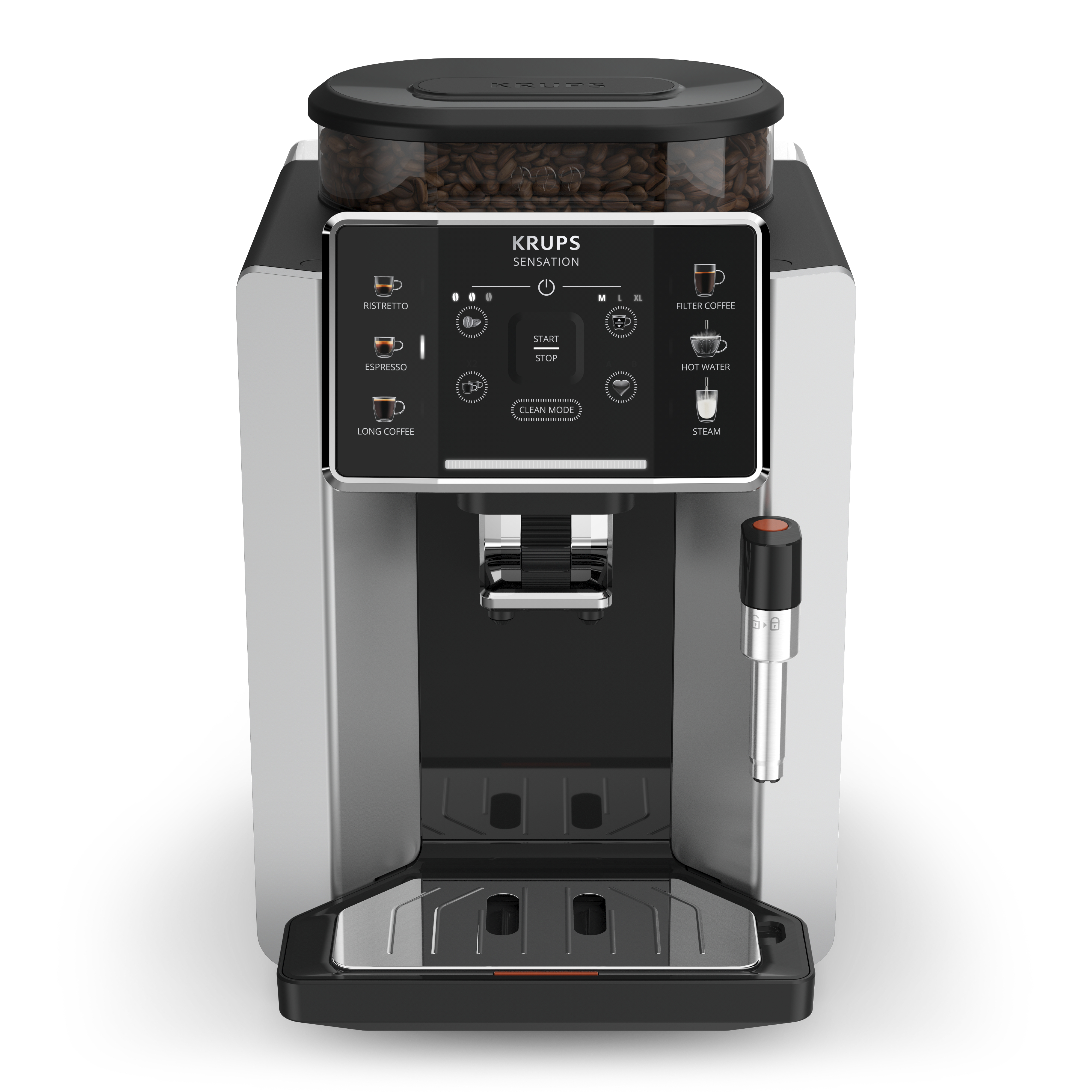 Eine silber-schwarze Kaffeemaschine mit Bohnenbehälter, Knöpfen und Ausguss. Der Hintergrund ist weiß.