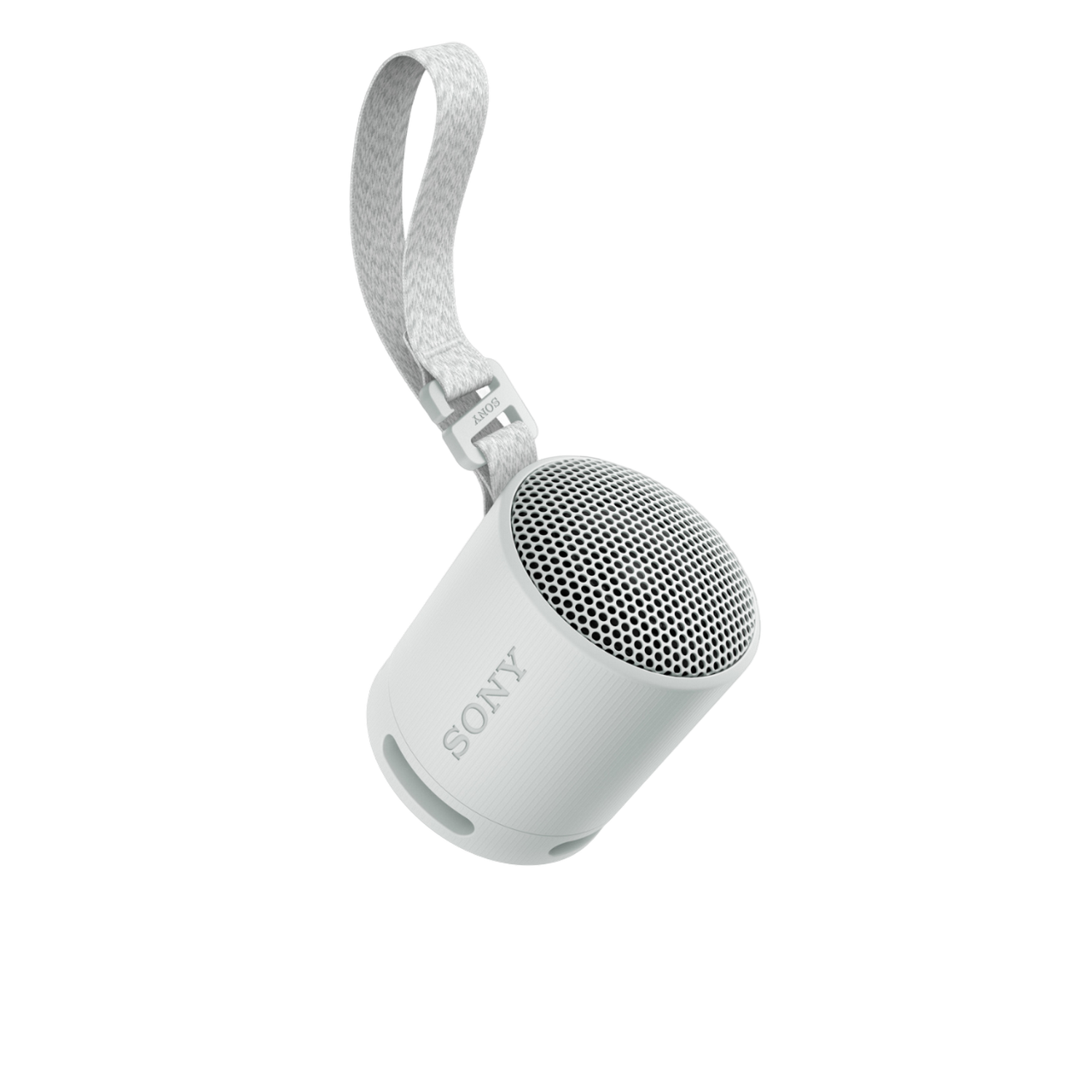 Een witte Sony-luidspreker met een band wordt getoond. De luidspreker is cilindrisch en heeft een gaasfront.