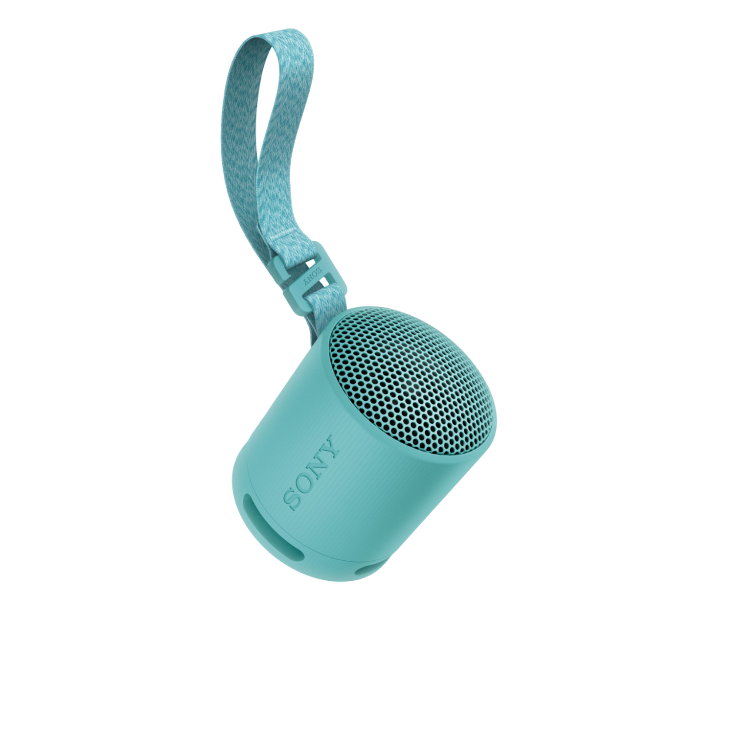 A turquoise, cylindrical speaker with a hanging strap. It has the word SONY on it.