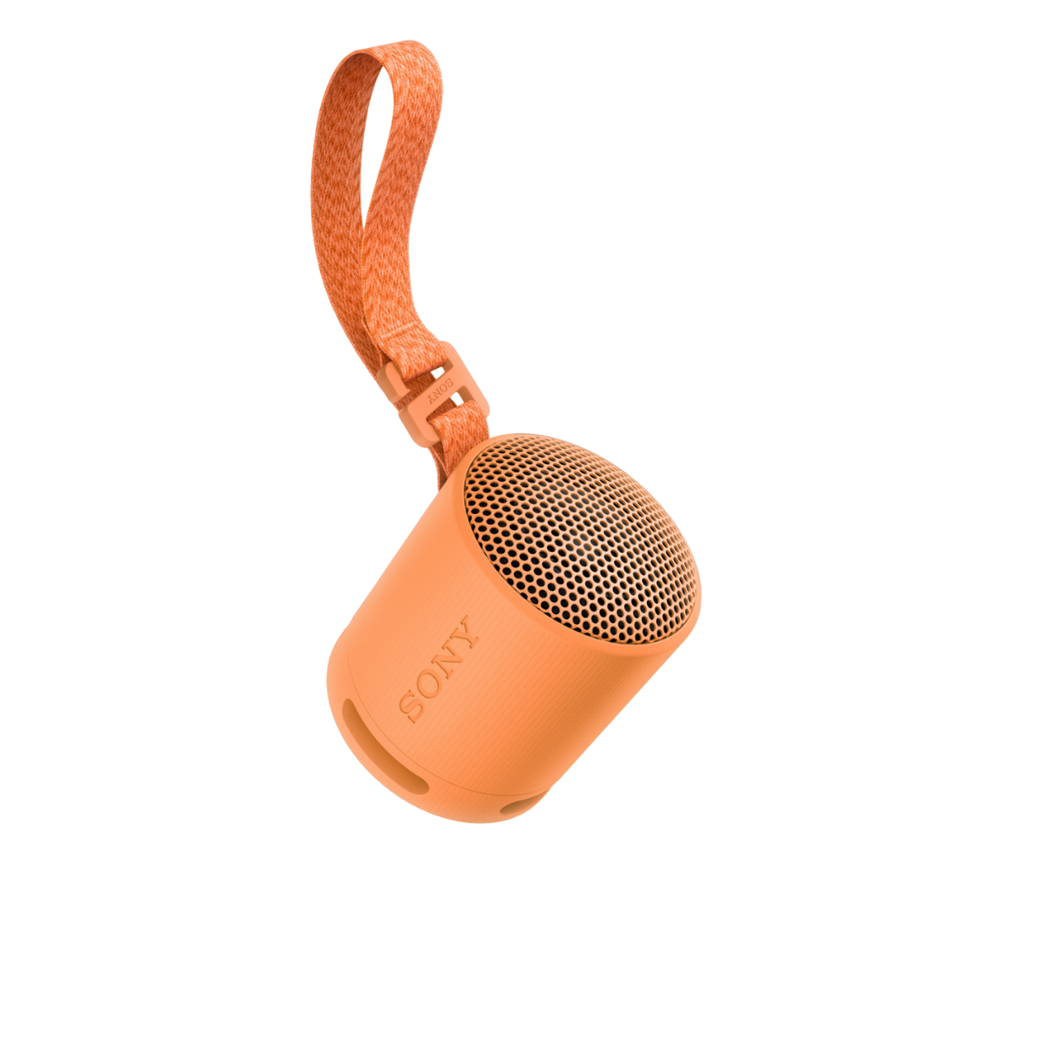 Orange Sony speaker with strap, on gray background. The speaker is cylindrical with a mesh front.