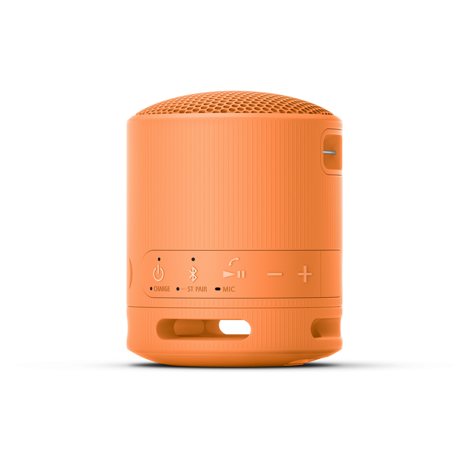 An orange cylindrical speaker stands against a white background. Features include power, Bluetooth, microphone, volume controls, and a speaker grill.