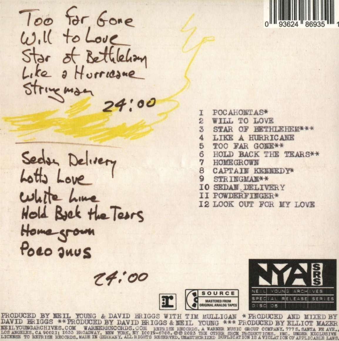 Album borítója kézzel írt dalszövegekkel, sárga firkával és vonalkóddal. Tartalmazza a Neil Young Archives logót.