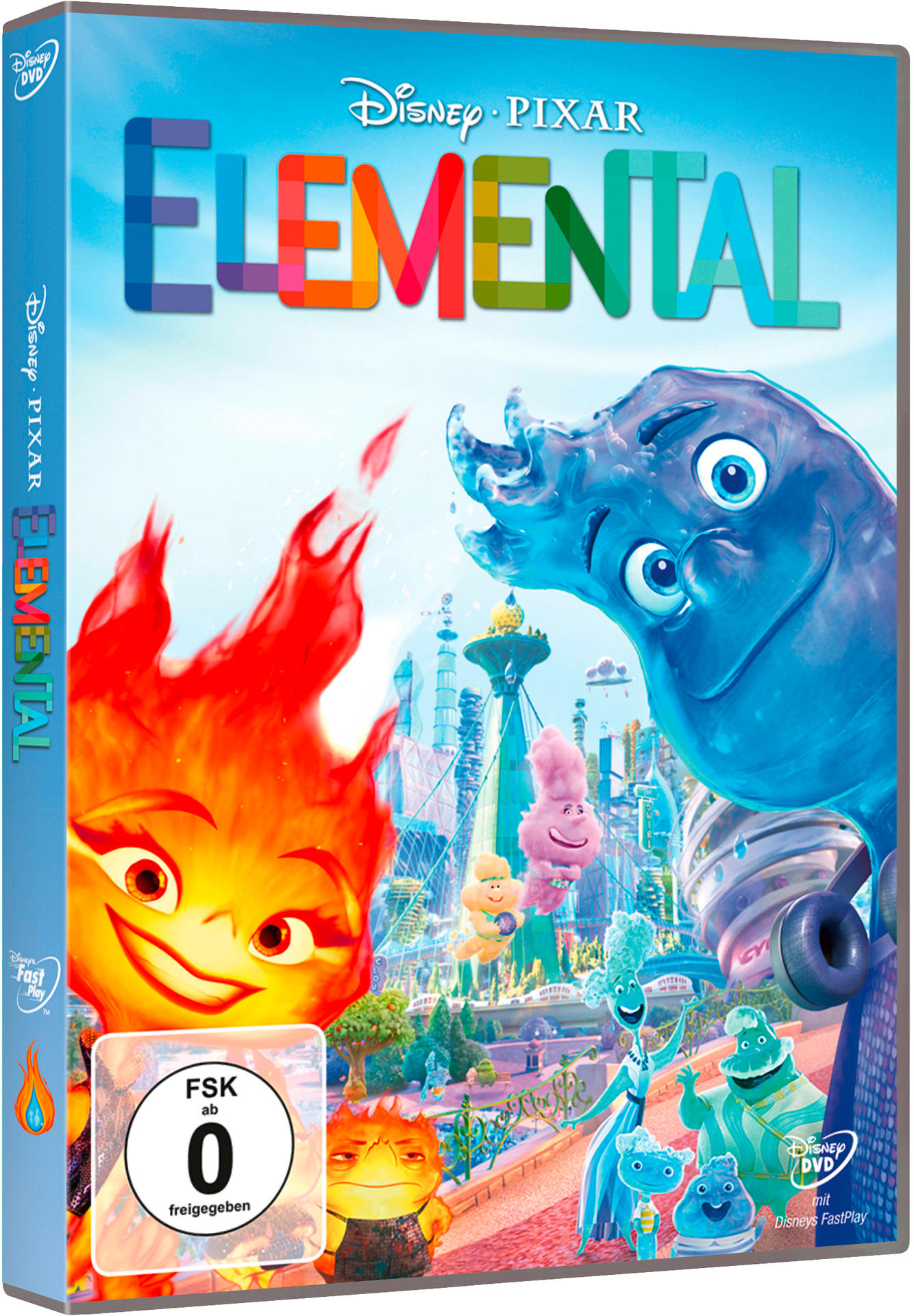 DVD-Hülle des Films 'Elemental' mit verschiedenen animierten Figuren.