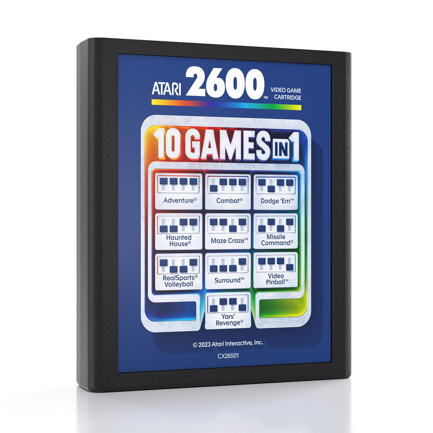 Eine Atari 2600 Videospiel-Kartusche mit buntem Spielelabel.