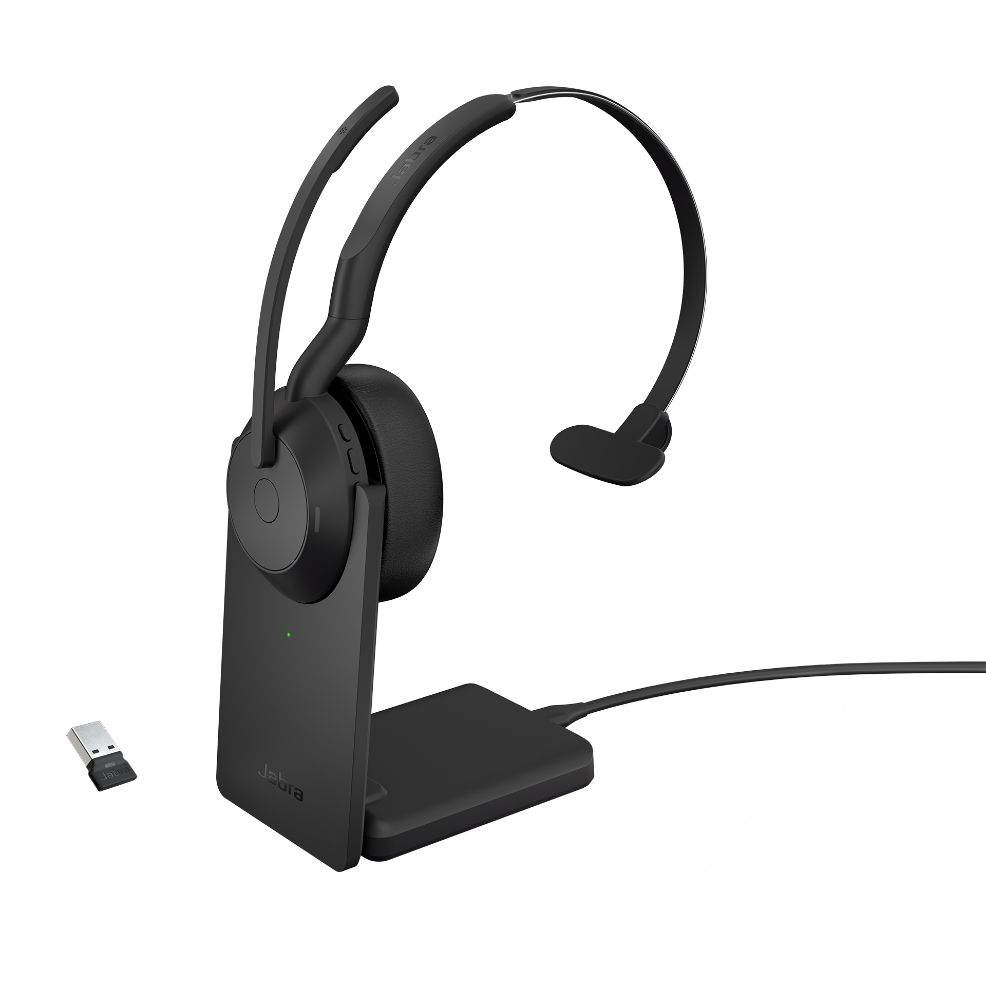 Schwarzes Jabra-Headset mit Ladestation und USB-Dongle. Headset hat zwei Ohrhörer und ein Mikrofon.