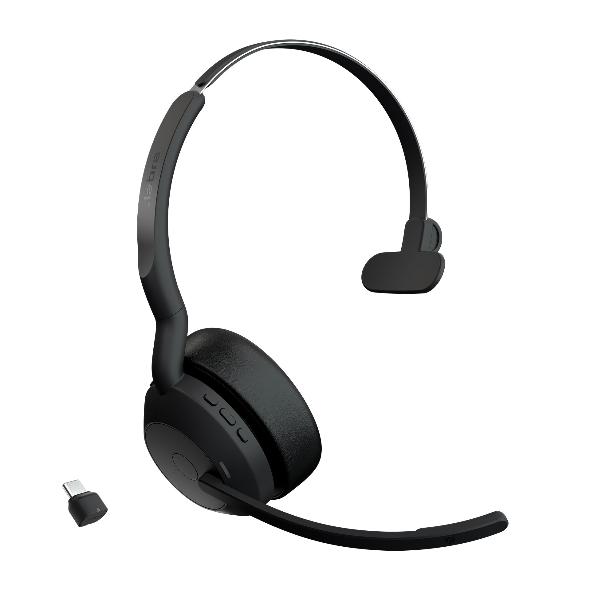 Schwarzes Jabra-Headset. Das Headset hat ein Mikrofon und Tasten. Ein USB-C-Kabel ist angeschlossen.