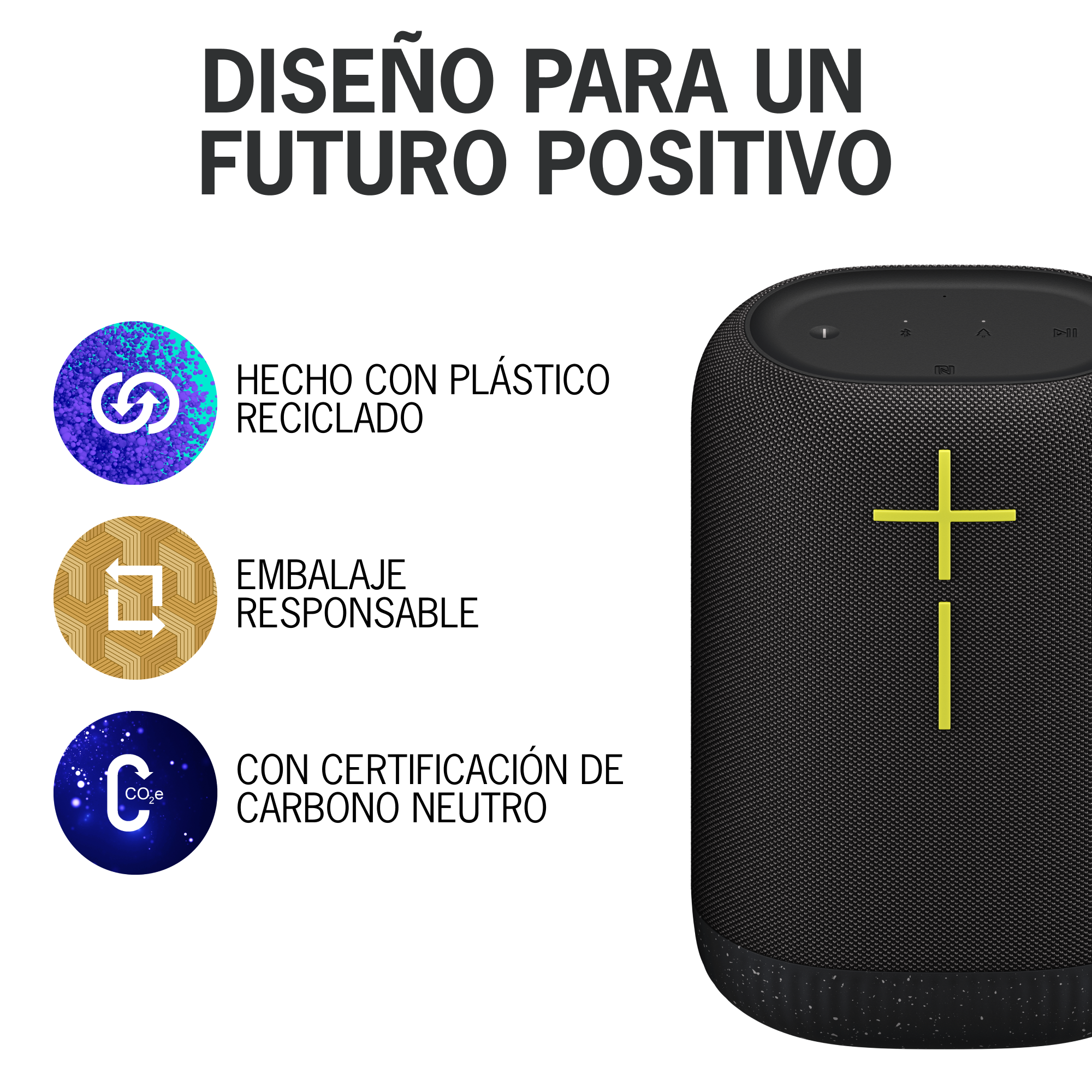 Altavoz negro junto a tres iconos y texto: plástico reciclado, embalaje responsable.