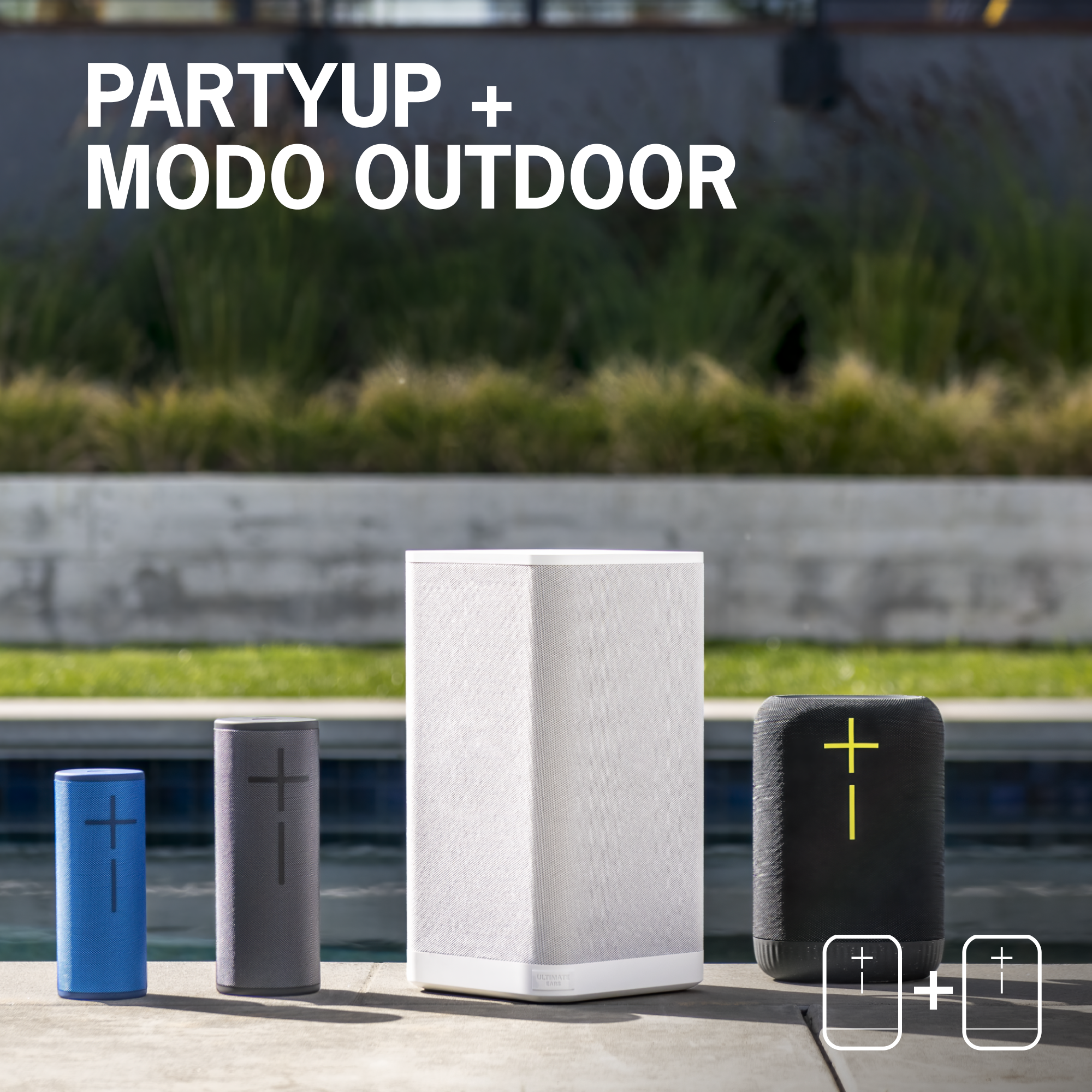 Cuatro altavoces en una superficie con piscina al fondo. Texto: PARTYUP + MODO OUTDOOR
