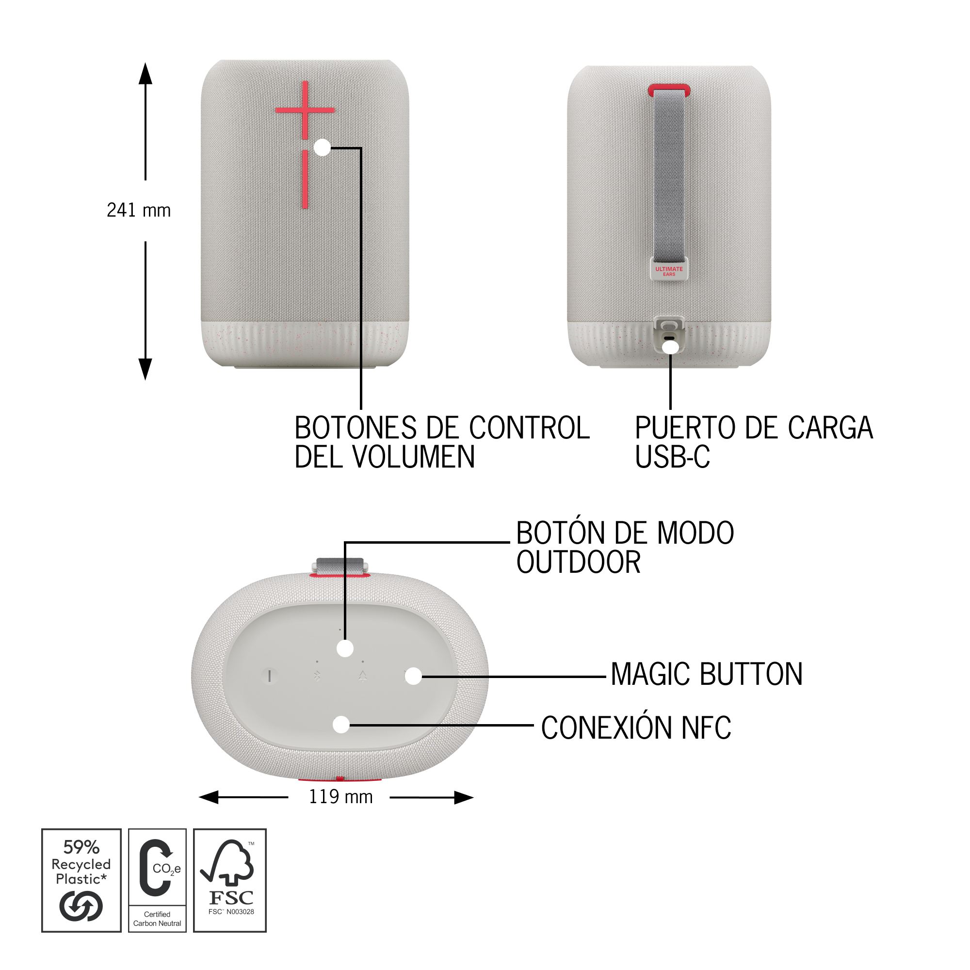 Un altavoz portátil blanco. Tiene botones de volumen, un puerto USB y un 'Botón Mágico'.