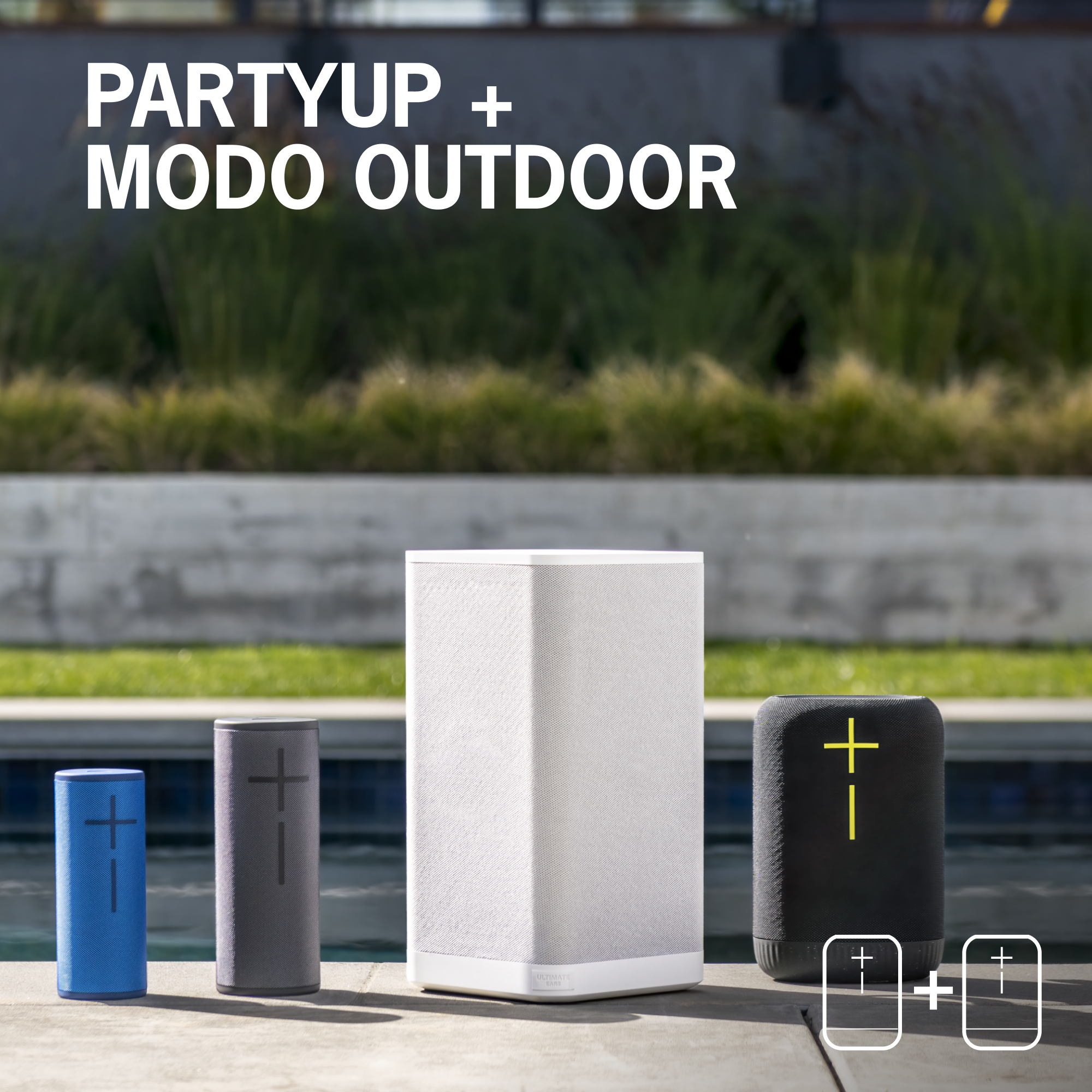 Cuatro altavoces en fila, junto a una piscina, con texto "PARTYUP + MODO OUTDOOR".
