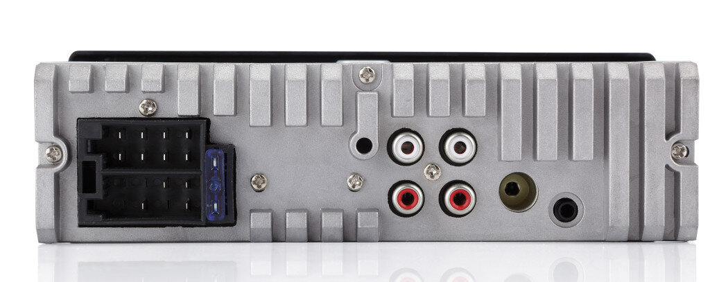 Tylny panel samochodowego systemu stereo z różnymi złączami i wzorem siatki.