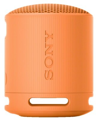 Pomarańczowy głośnik Sony z maskownicą i nazwą marki wytłoczoną z boku.