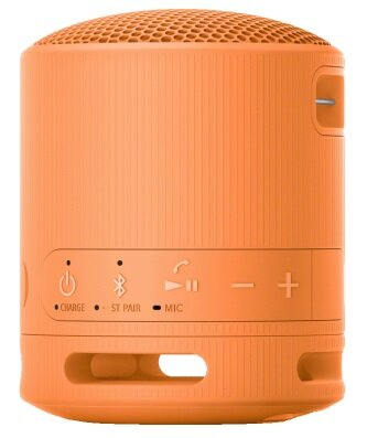 Pomarańczowy głośnik przenośny z przyciskami zasilania, Bluetooth i mikrofonu. Białe tło.