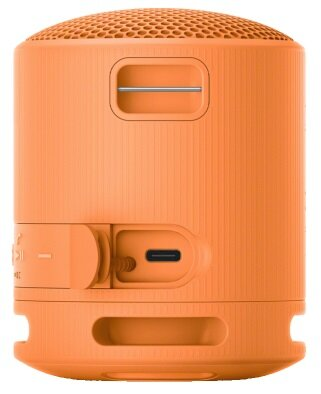 Pomarańczowy głośnik z przyciskiem zasilania i portem USB-C.
