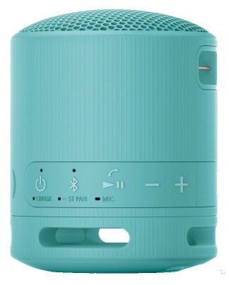 Turkusowy głośnik z przyciskami. Przyciski obejmują zasilanie, bluetooth, mikrofon i regulację głośności.