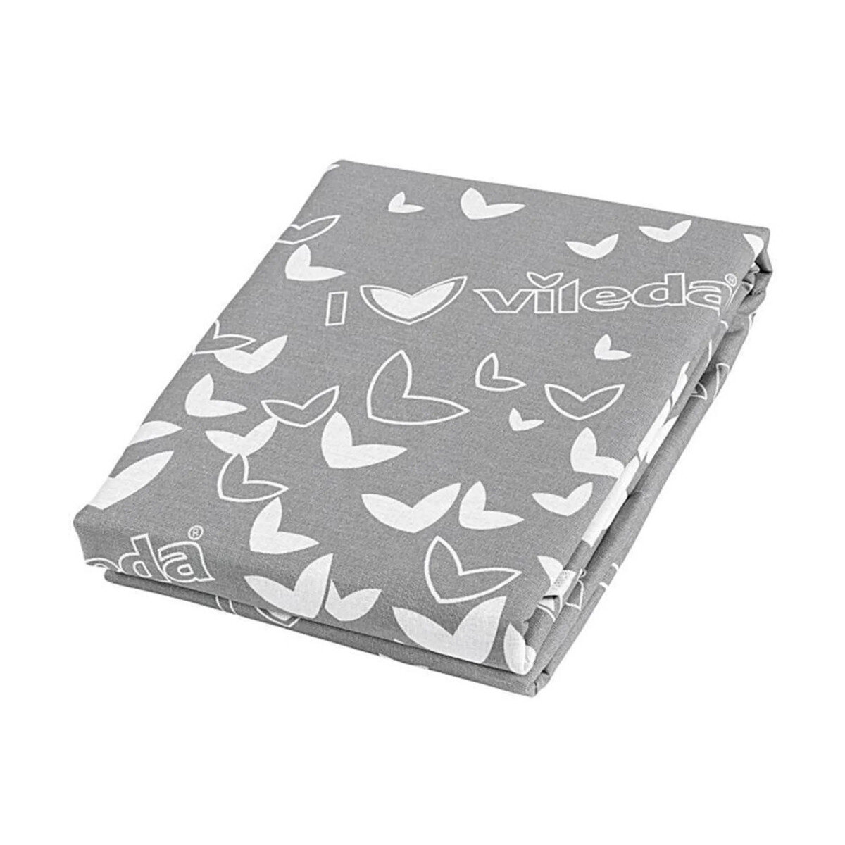 Złożone szare prześcieradło z białym wzorem liści. Widoczne logo Vileda.