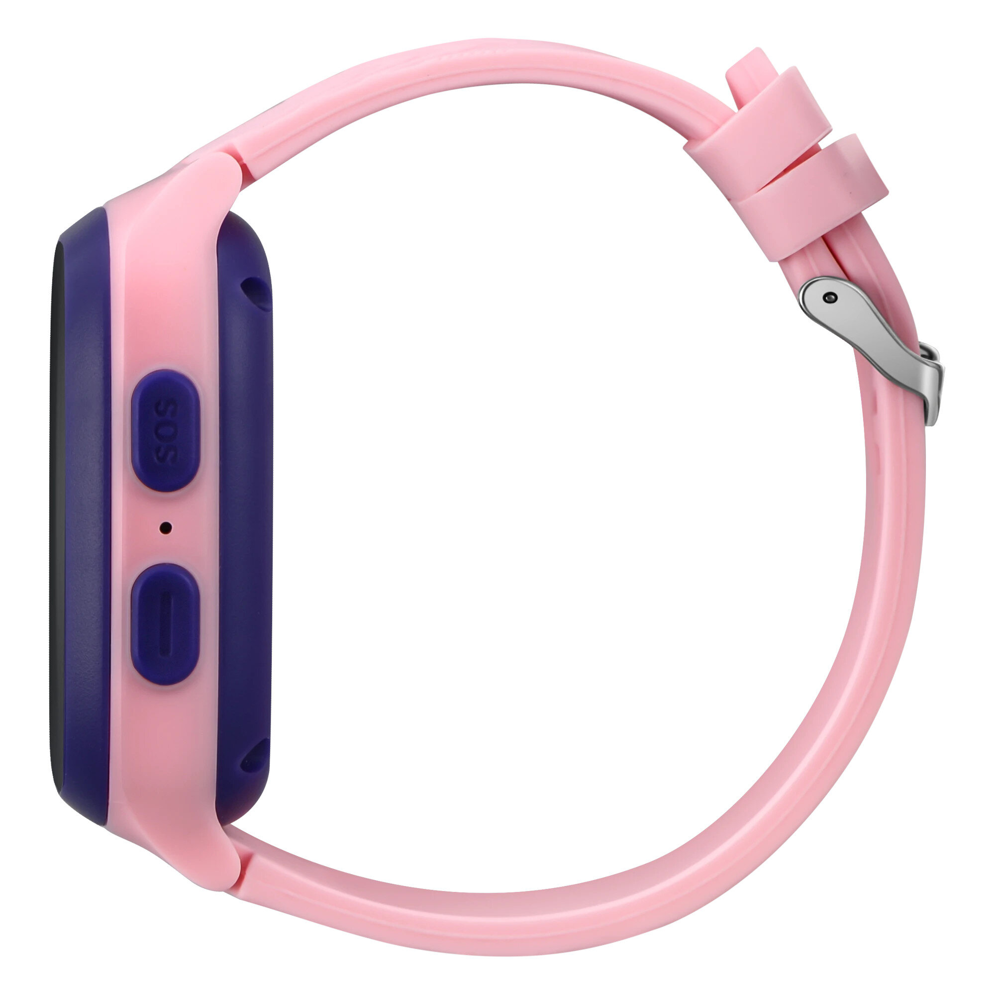 Widok z boku różowego smartwatcha, pokazujący różowy pasek i przyciski.