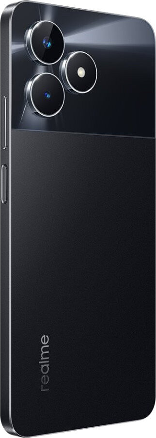 Czarny smartfon Realme, pokazujący tył z trzema obiektywami aparatu.
