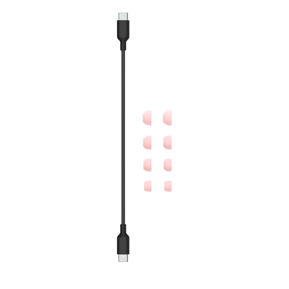 Cable USB-C negro y almohadillas rosas. Un fondo blanco minimalista resalta los accesorios.