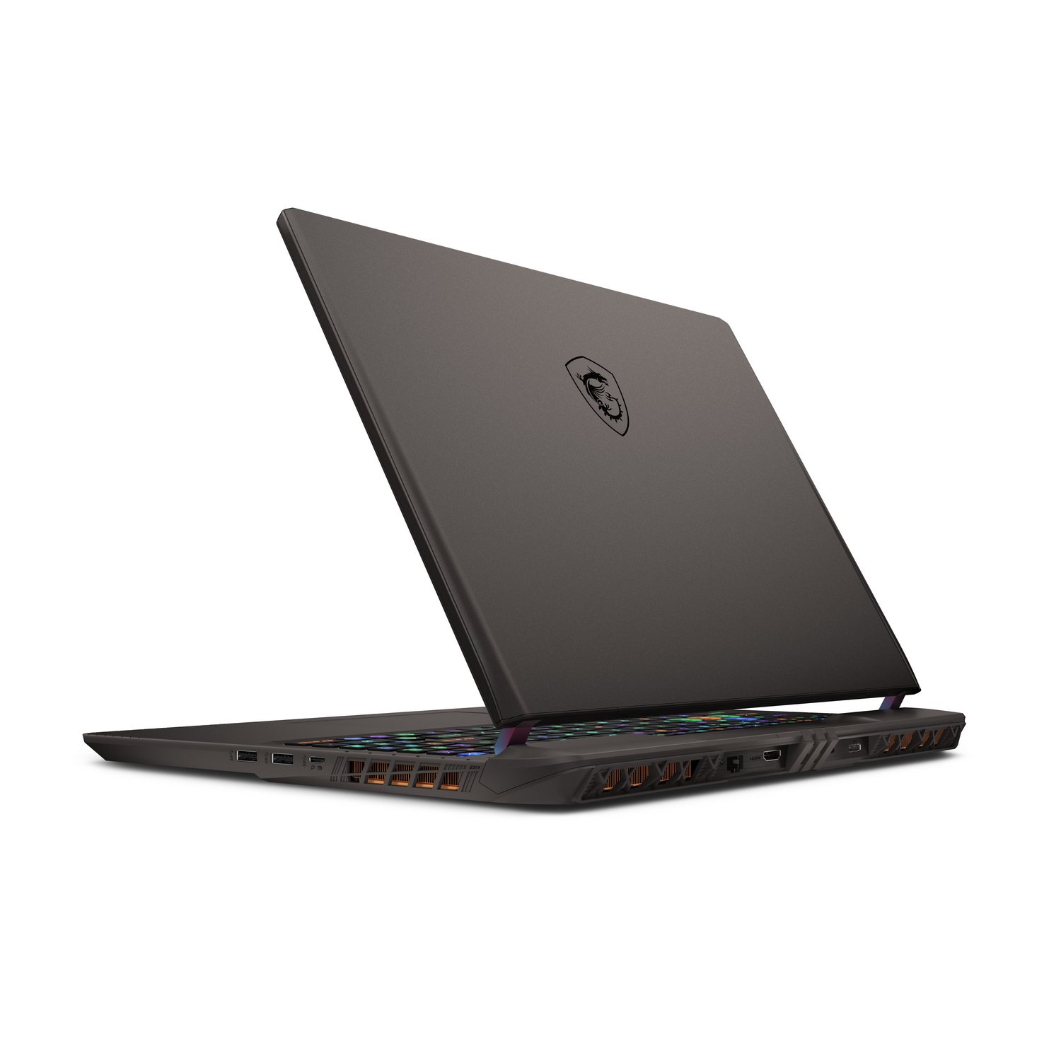 Portátil MSI en gris oscuro, abierto, vista en ángulo, mostrando teclado y puertos.