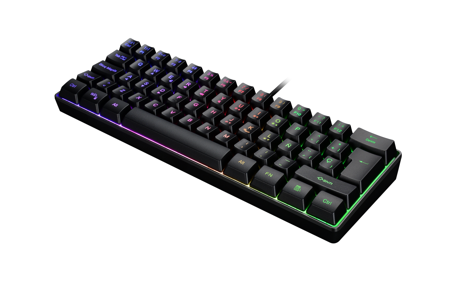 Un teclado gaming negro, compacto e iluminado sobre fondo negro.