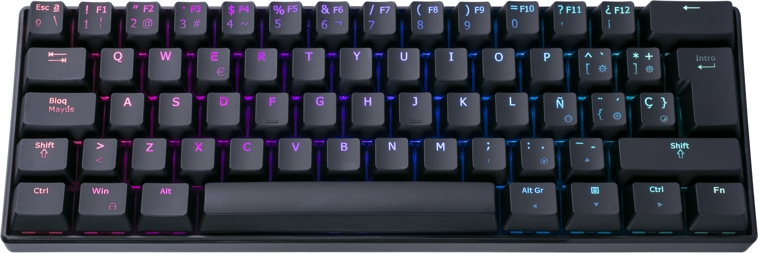 Un teclado compacto negro y gris con teclas iluminadas.