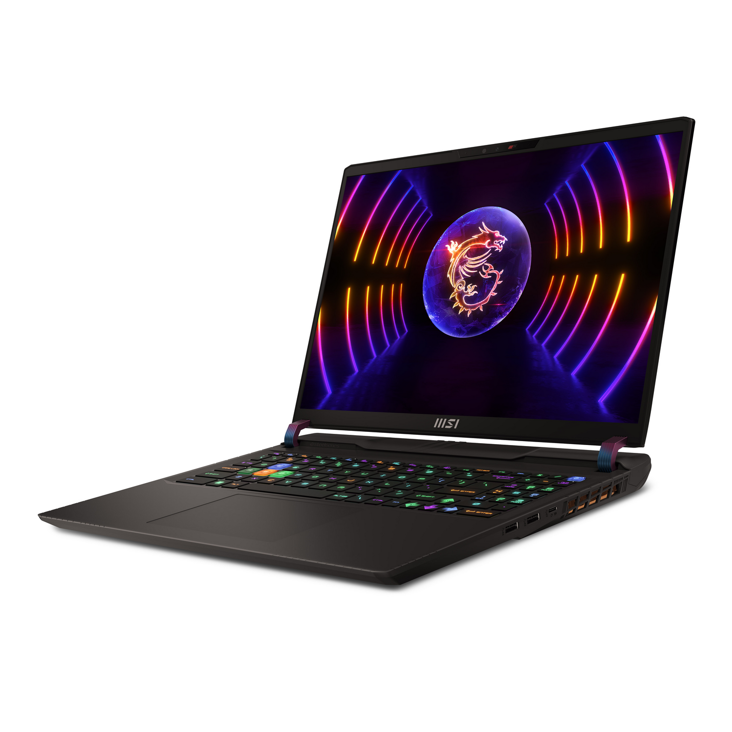 Ordenador portátil negro con teclado iluminado. Pantalla con gráfico colorido y dragón.