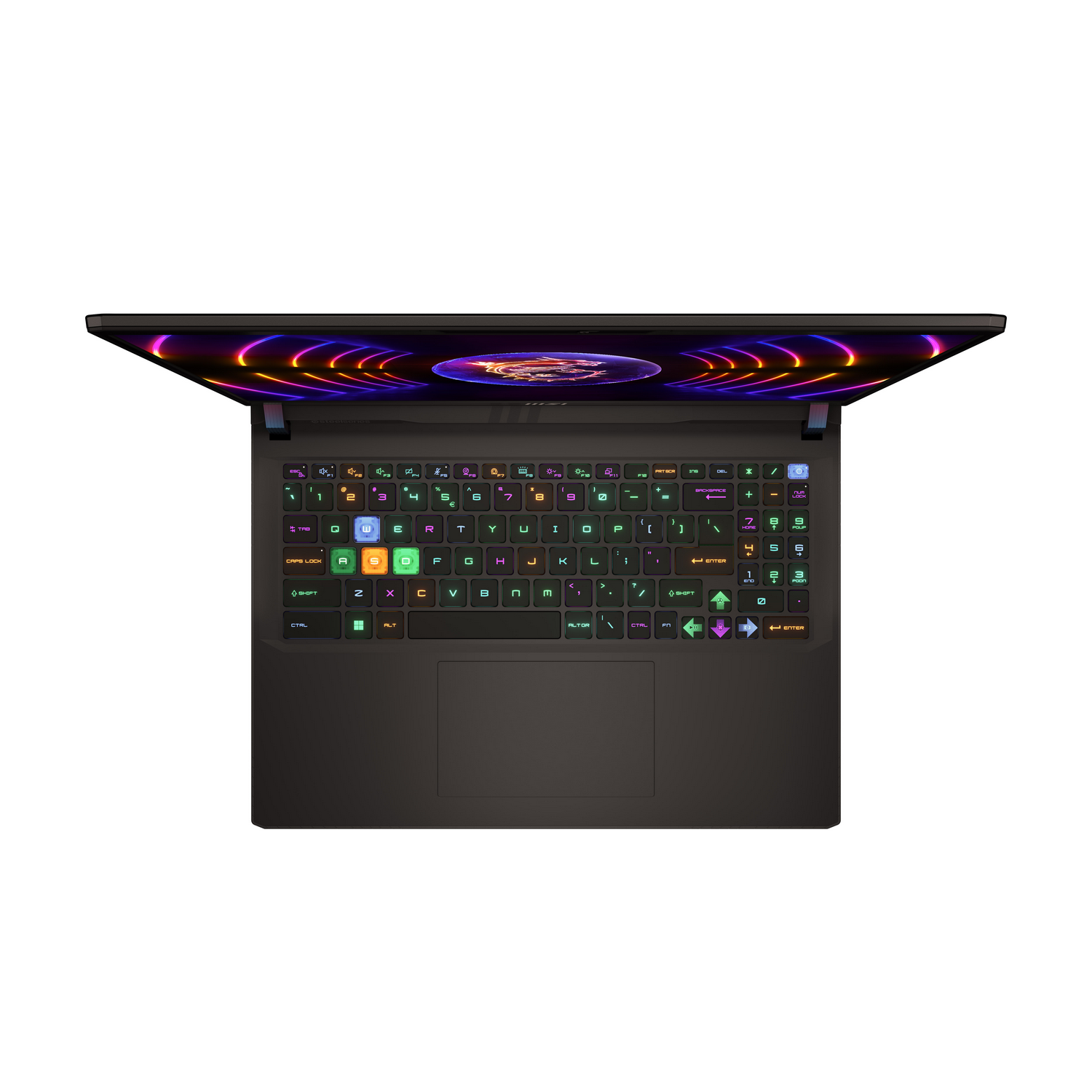 Un portátil, vista superior, que muestra el teclado con teclas multicolores. Carcasa oscura.