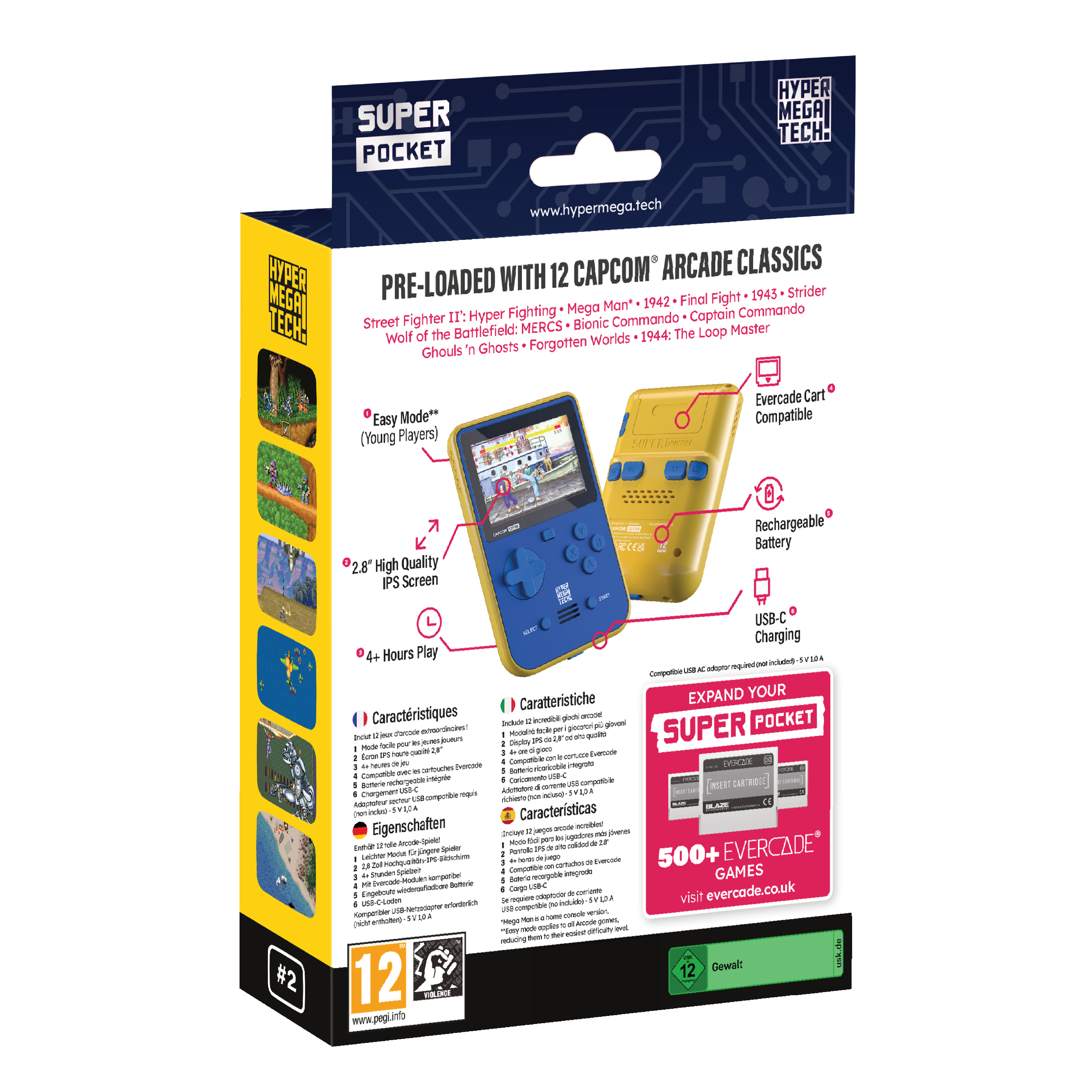Eine Box für eine Super Pocket Handheld-Spielkonsole mit Details zu vorinstallierten Arcade-Spielen.