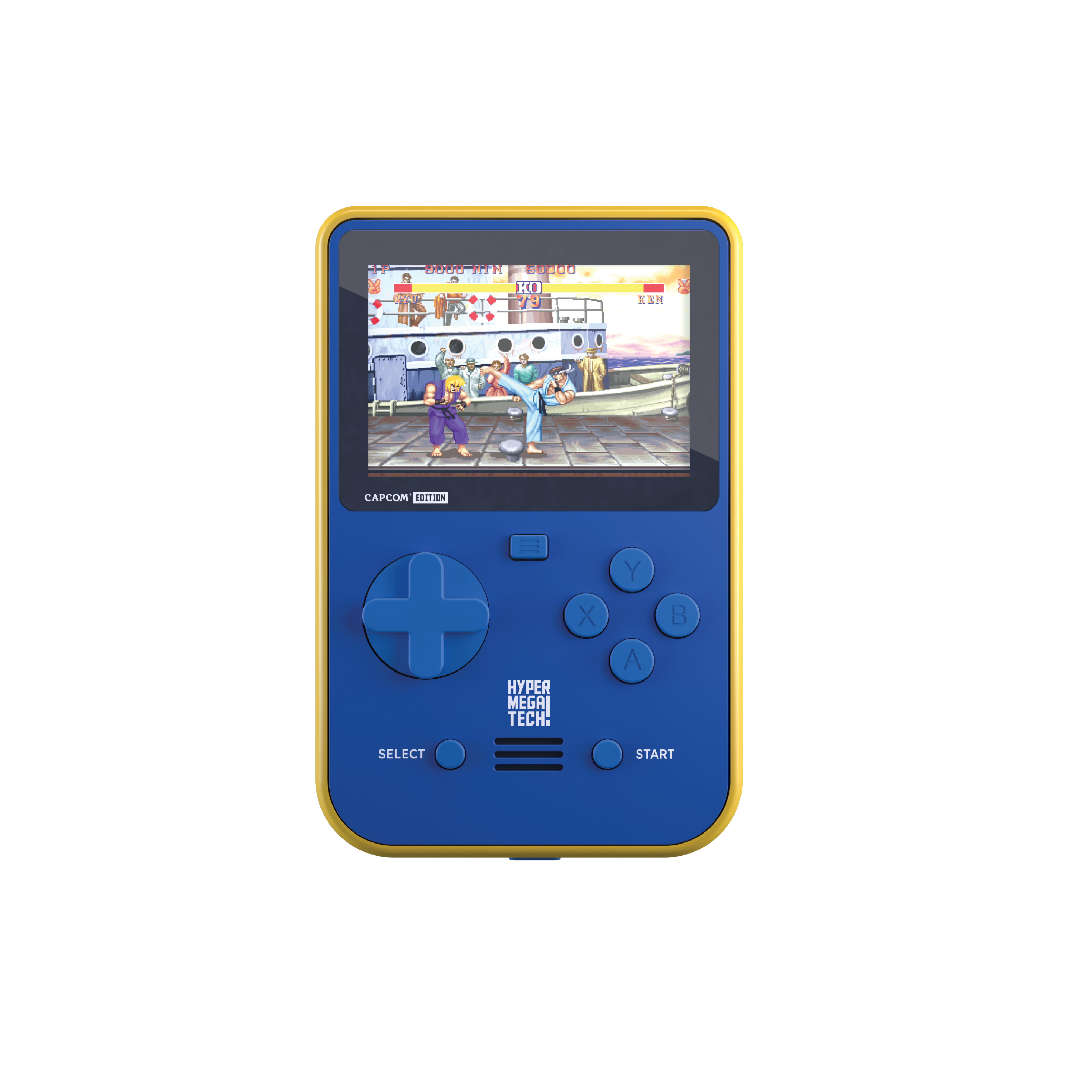 Eine Handheld-Spielkonsole, die ein Kampfspiel auf schwarzem Hintergrund zeigt.