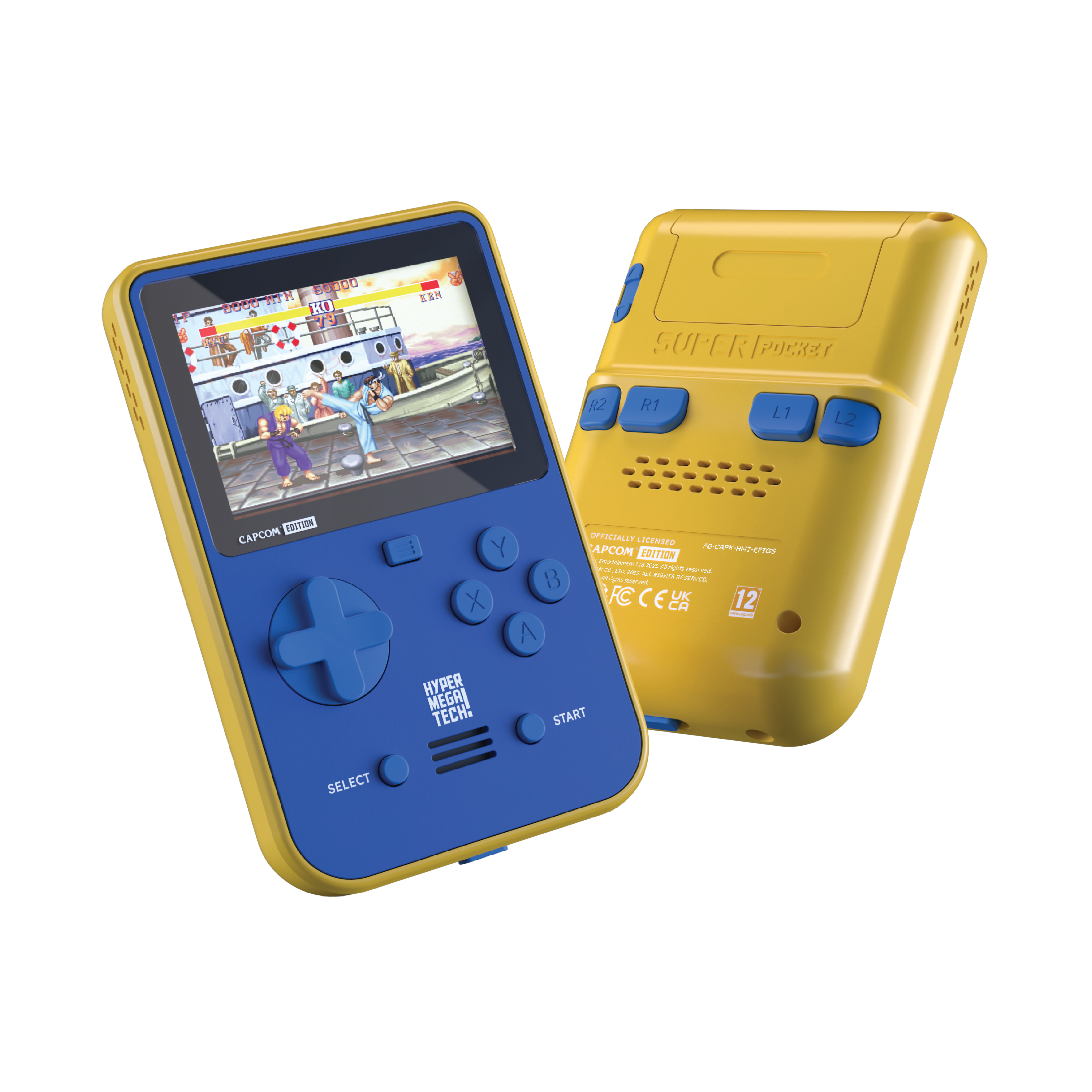 Zwei Handheld-Konsolen, eine zeigt einen Spielbildschirm.