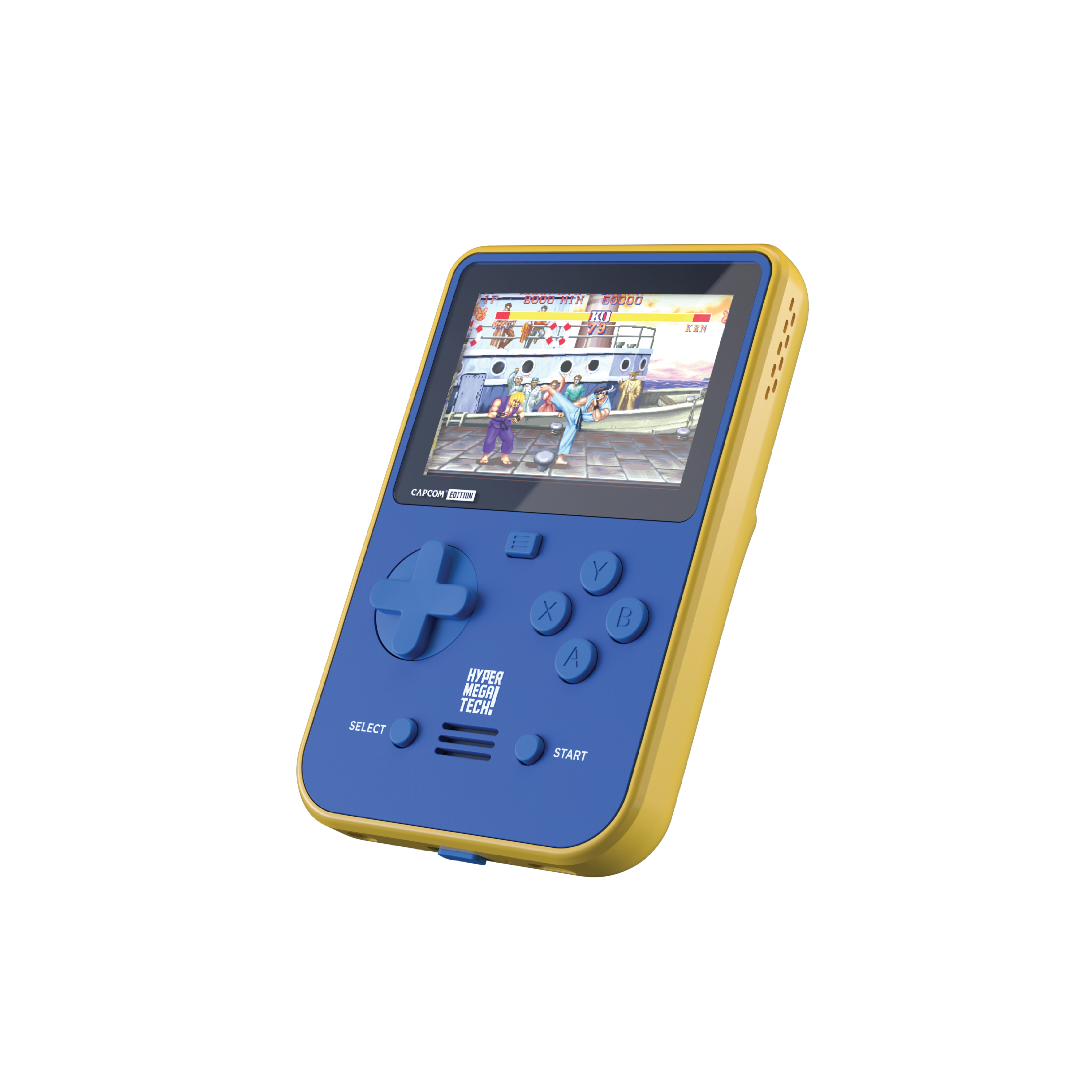 Gelb-blaue Handheld-Videospielkonsole mit Bildschirm, der ein Kampfspiel zeigt. Hat Steuertasten.