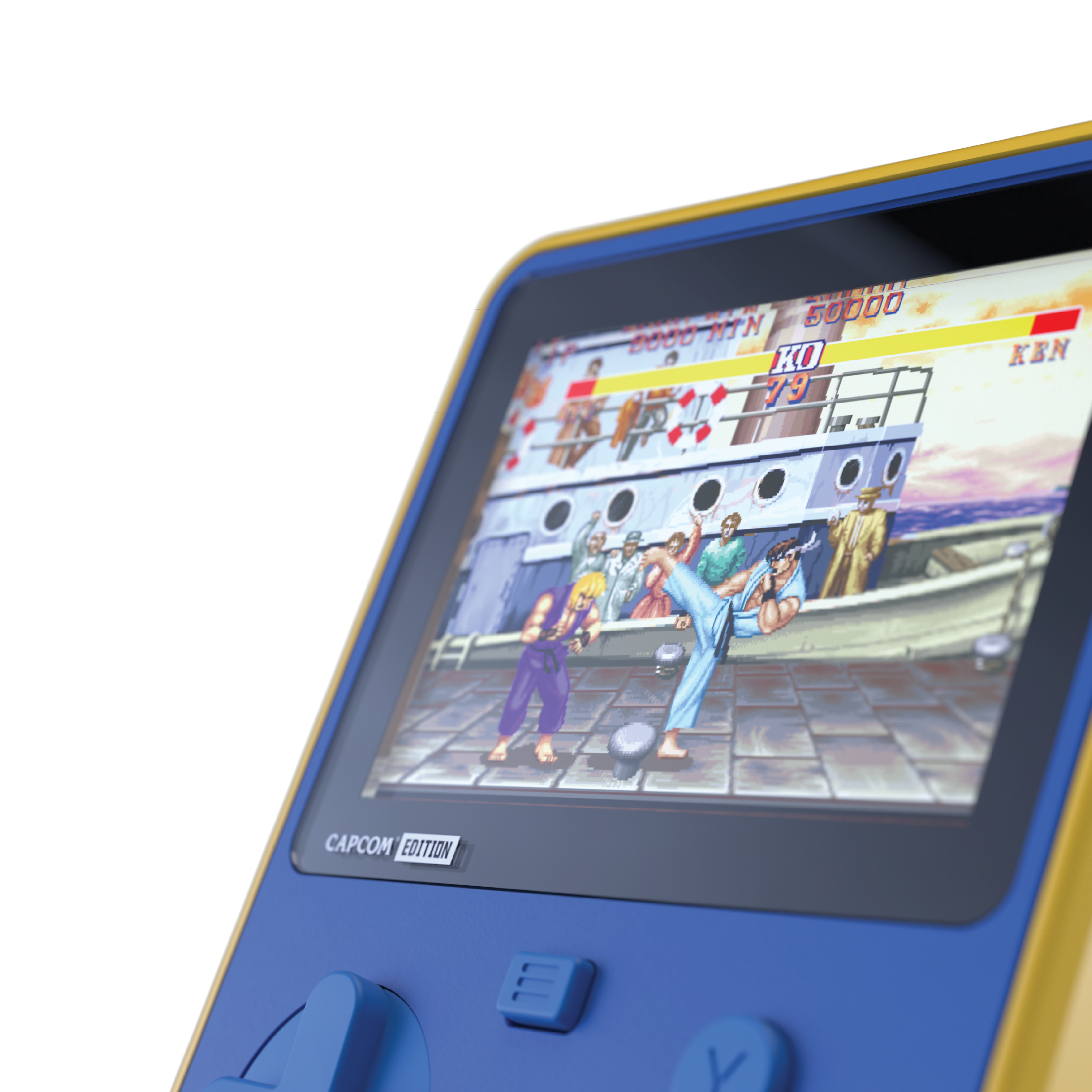 Eine Handheld-Spielekonsole, die eine Kampfszene zeigt.