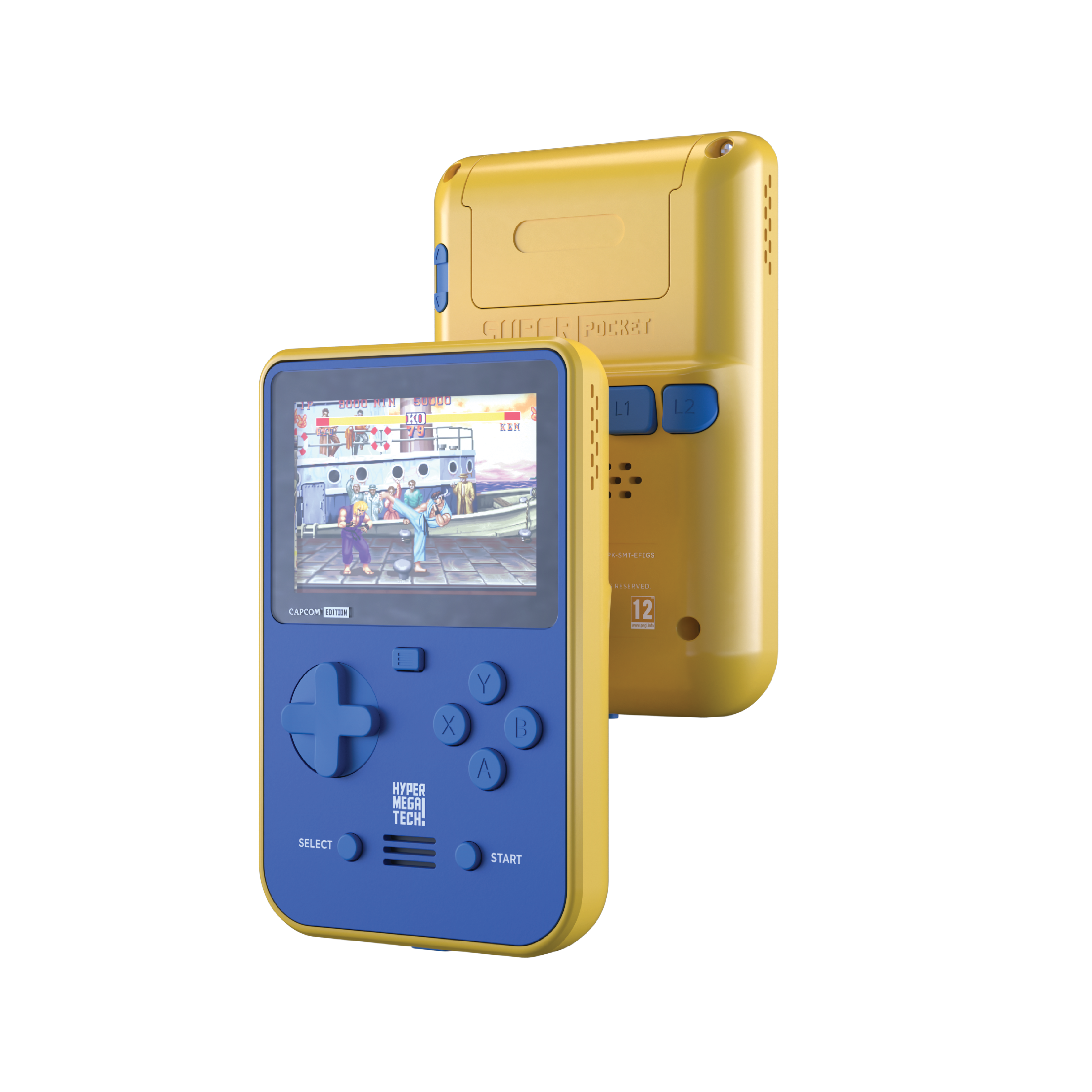 Gelb-blaue Handheld-Retro-Spielkonsole, die einen Spielbildschirm zeigt.