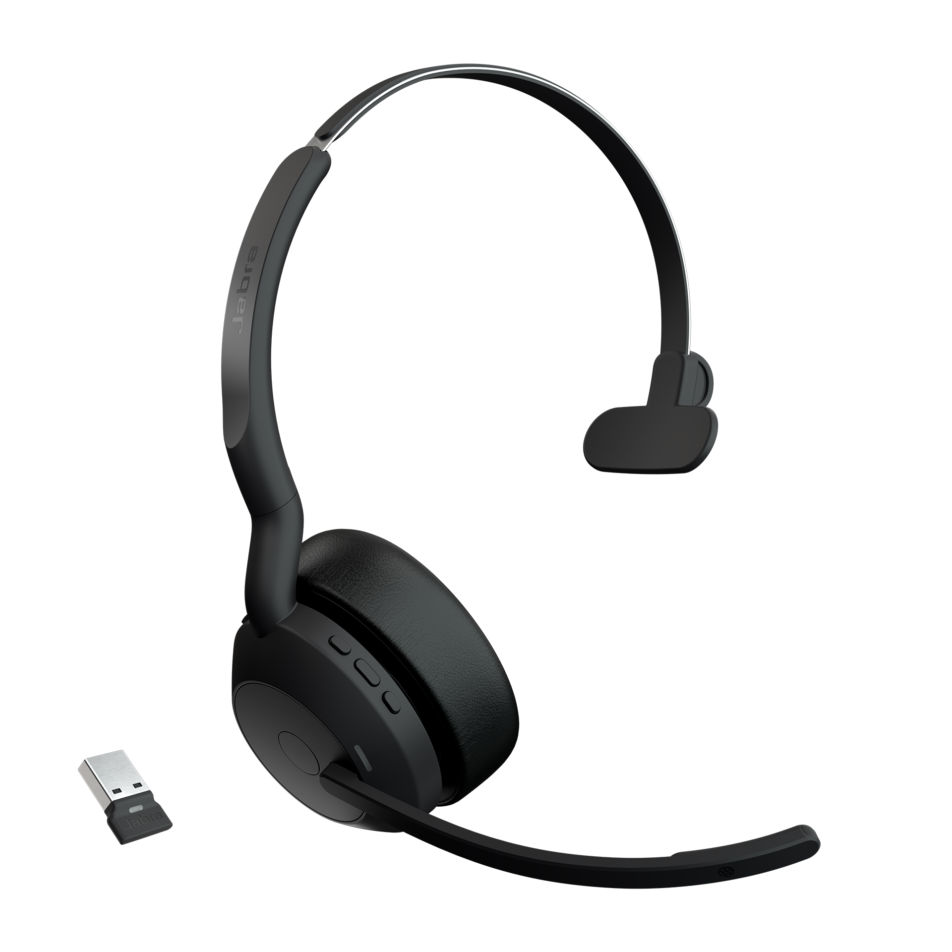 Ein schwarzes drahtloses Jabra-Headset. Es beinhaltet einen USB-Adapter und ein Mikrofon.