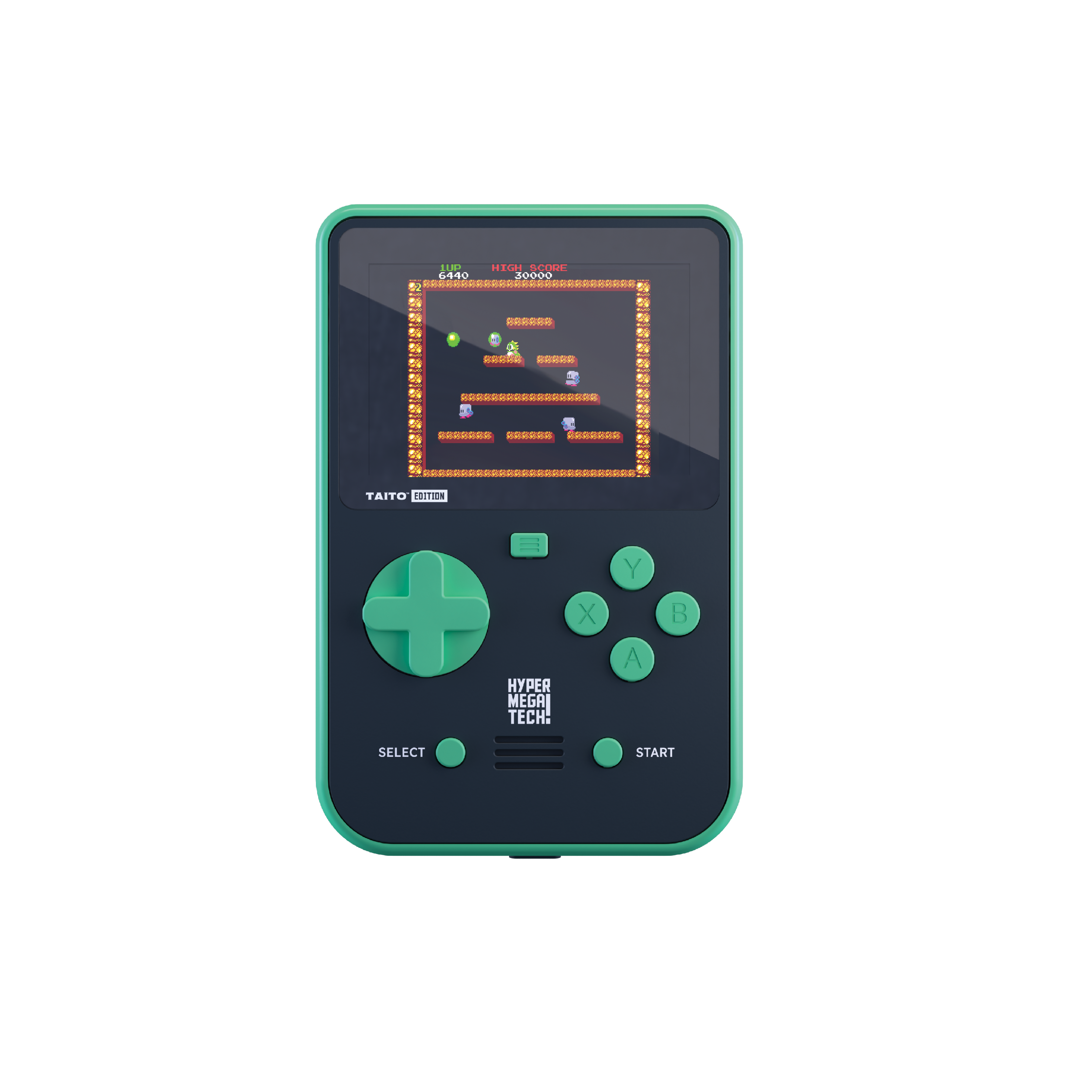 Handheld-Konsole mit grünem Steuerkreuz, Knöpfen und einem Spiel auf dem Bildschirm.