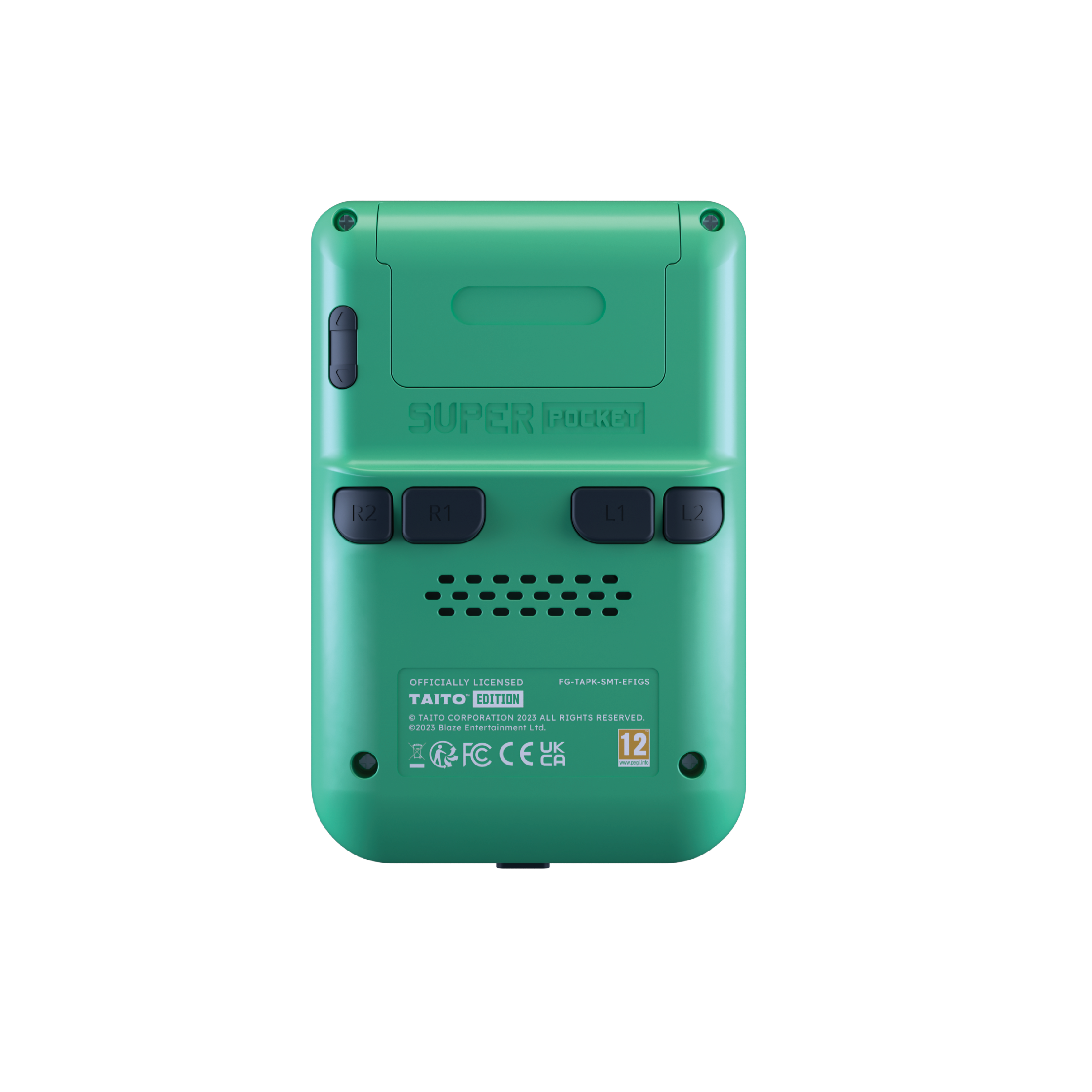 Grüne Handheld-Konsole mit Knöpfen und schwarzem Bildschirm. 'Super Pocket' steht drauf.