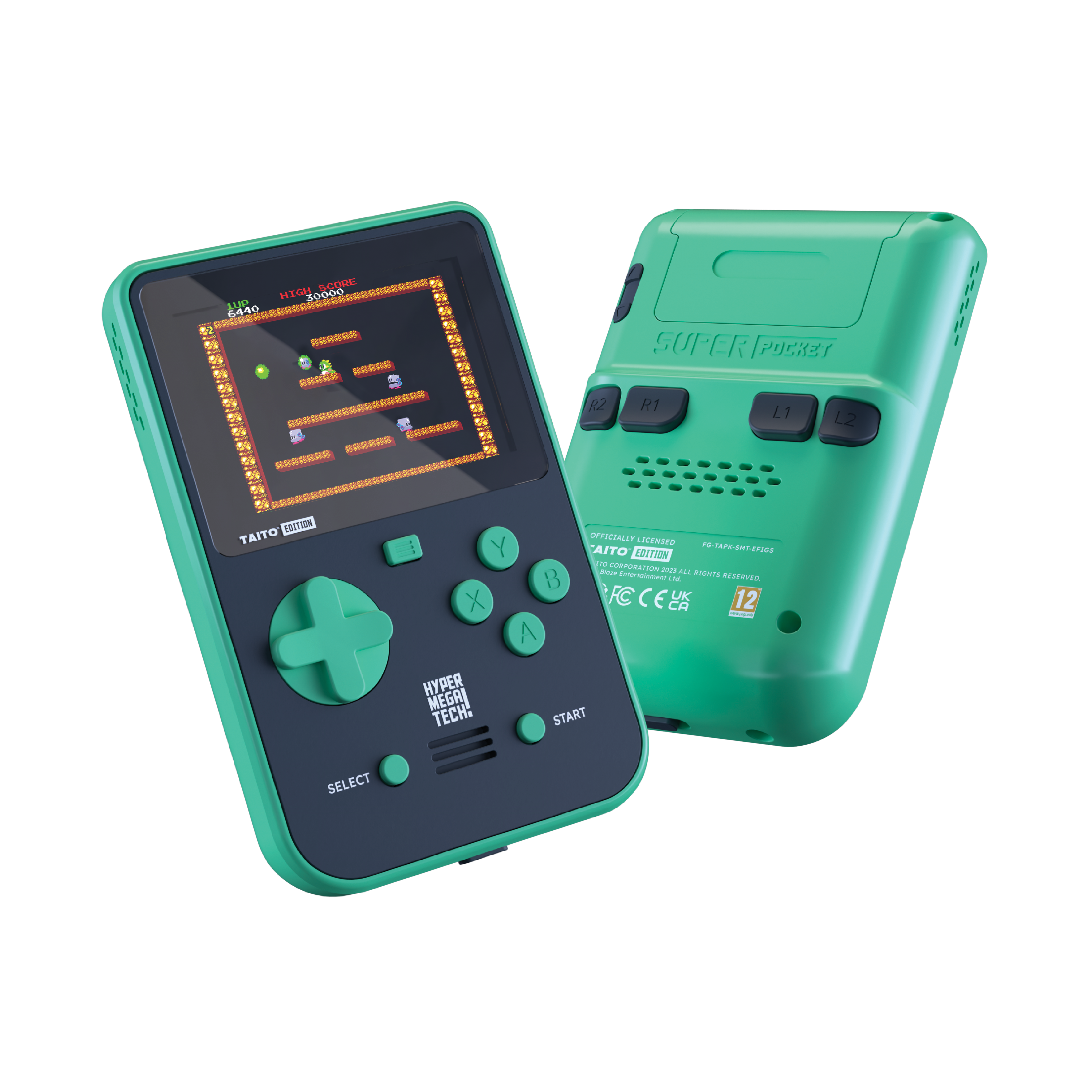 Zwei grüne Handheld-Spielkonsolen, eine zeigt einen verpixelten Spielbildschirm.