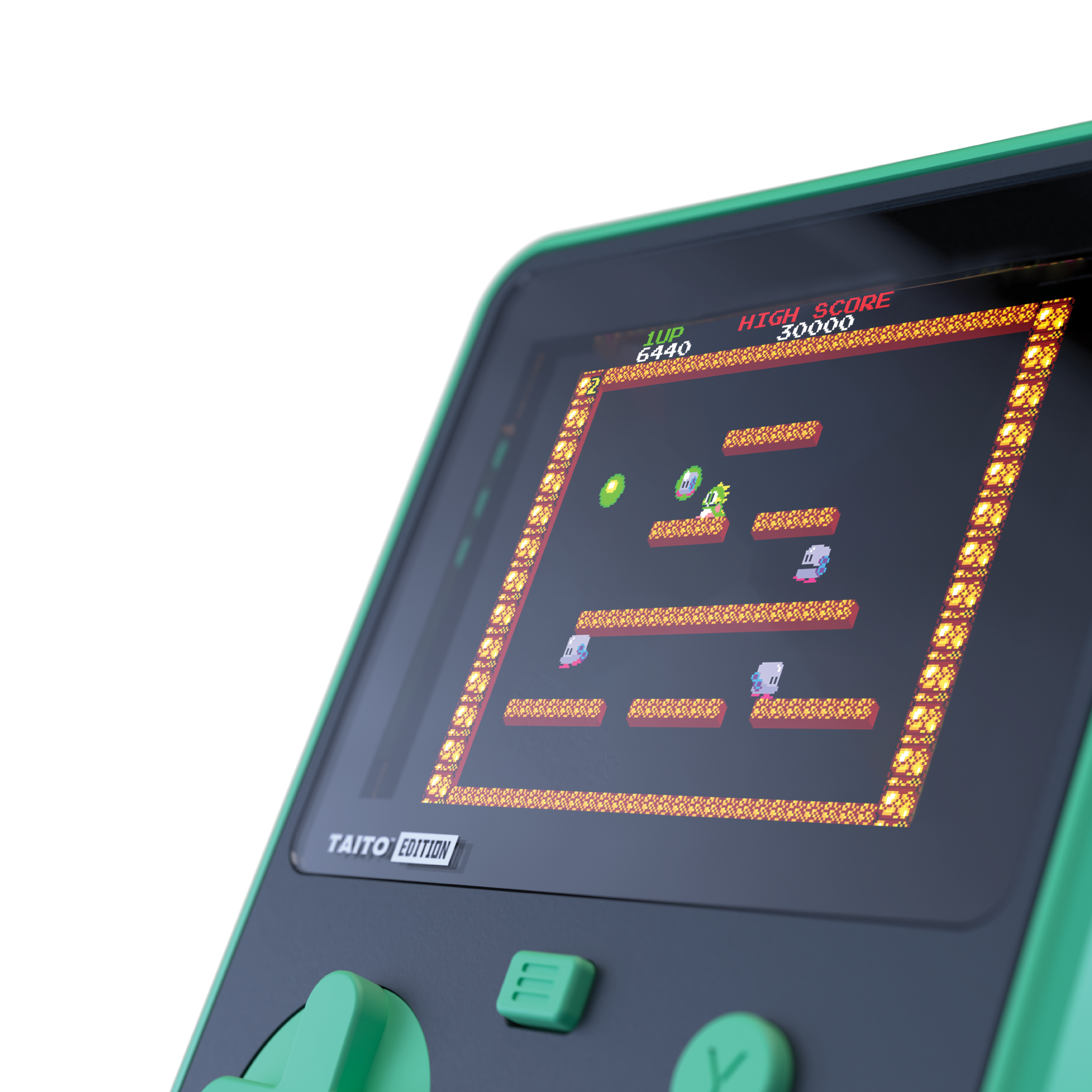 Nahaufnahme eines Handheld-Arcade-Spiels, das ein Retro-Spiel mit grünen und roten Pixeln spielt.